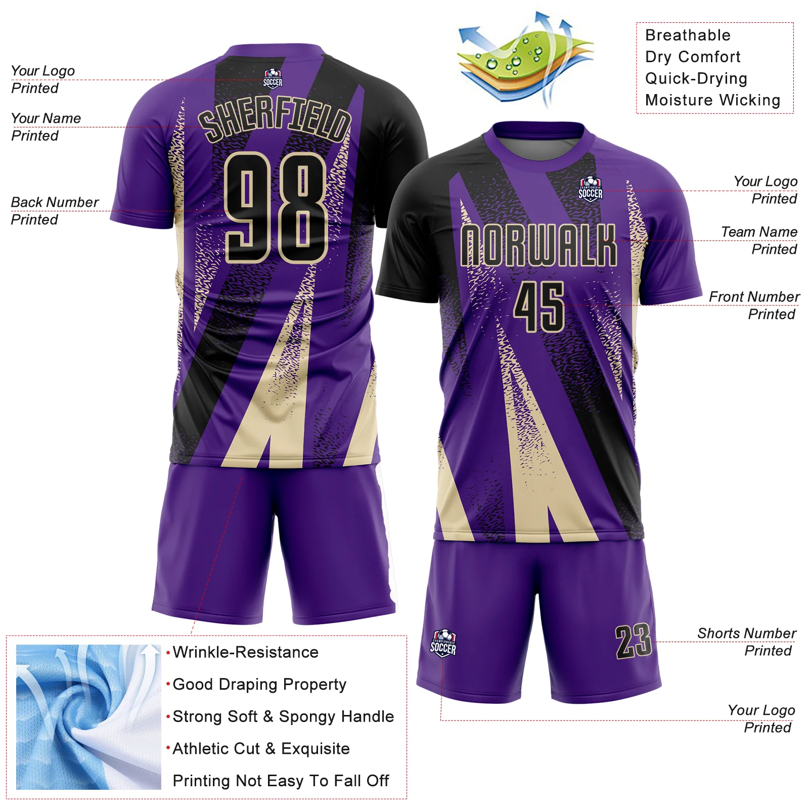 Custom Purple Black-Cream Radial Burst Sports Sublimation Soccer Uniform Jersey - Image 4