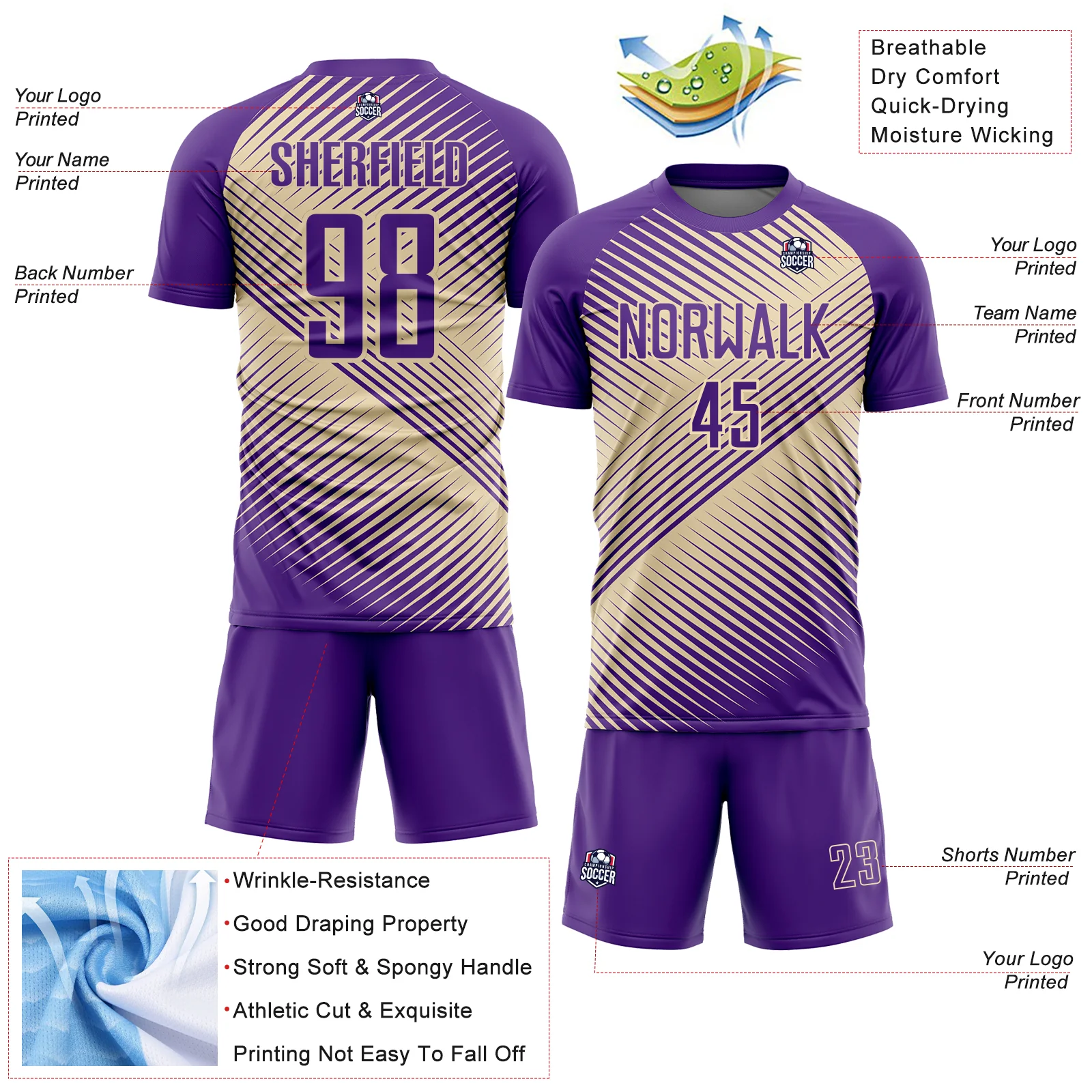 Custom Purple Cream Line Sublimation Soccer Uniform Jersey - Image 4