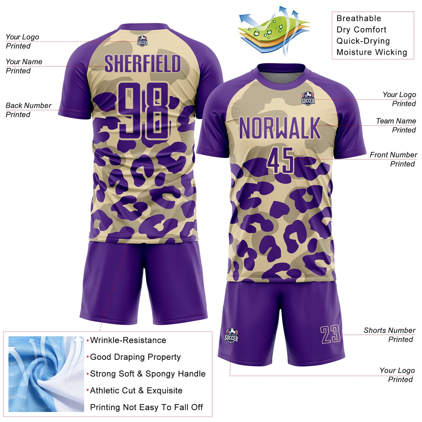 Custom Purple Cream Animal Leopard Print Sports Sublimation Soccer Uniform Jersey - Image 4