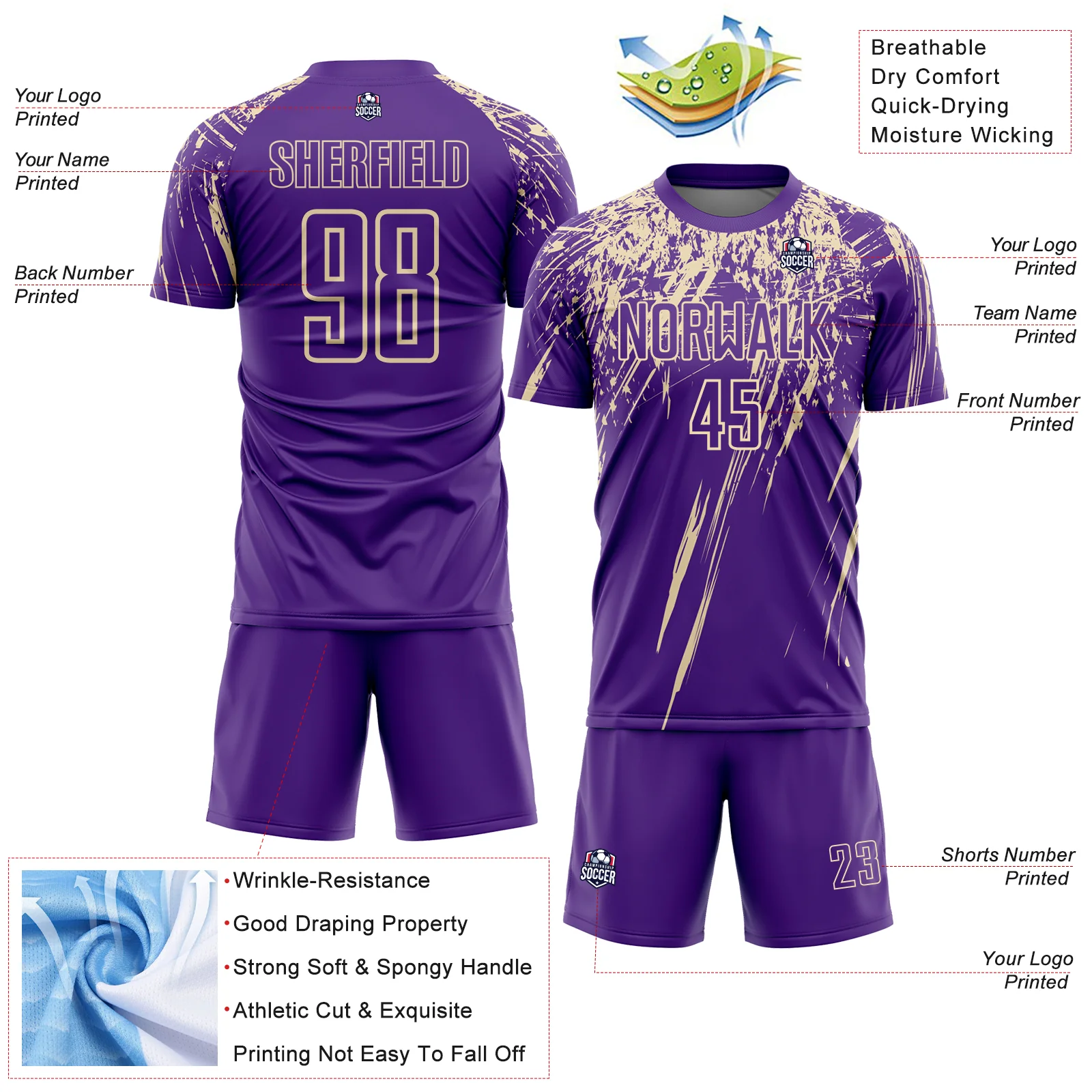 Custom Purple Cream Splash Sports Sublimation Soccer Uniform Jersey - Image 4