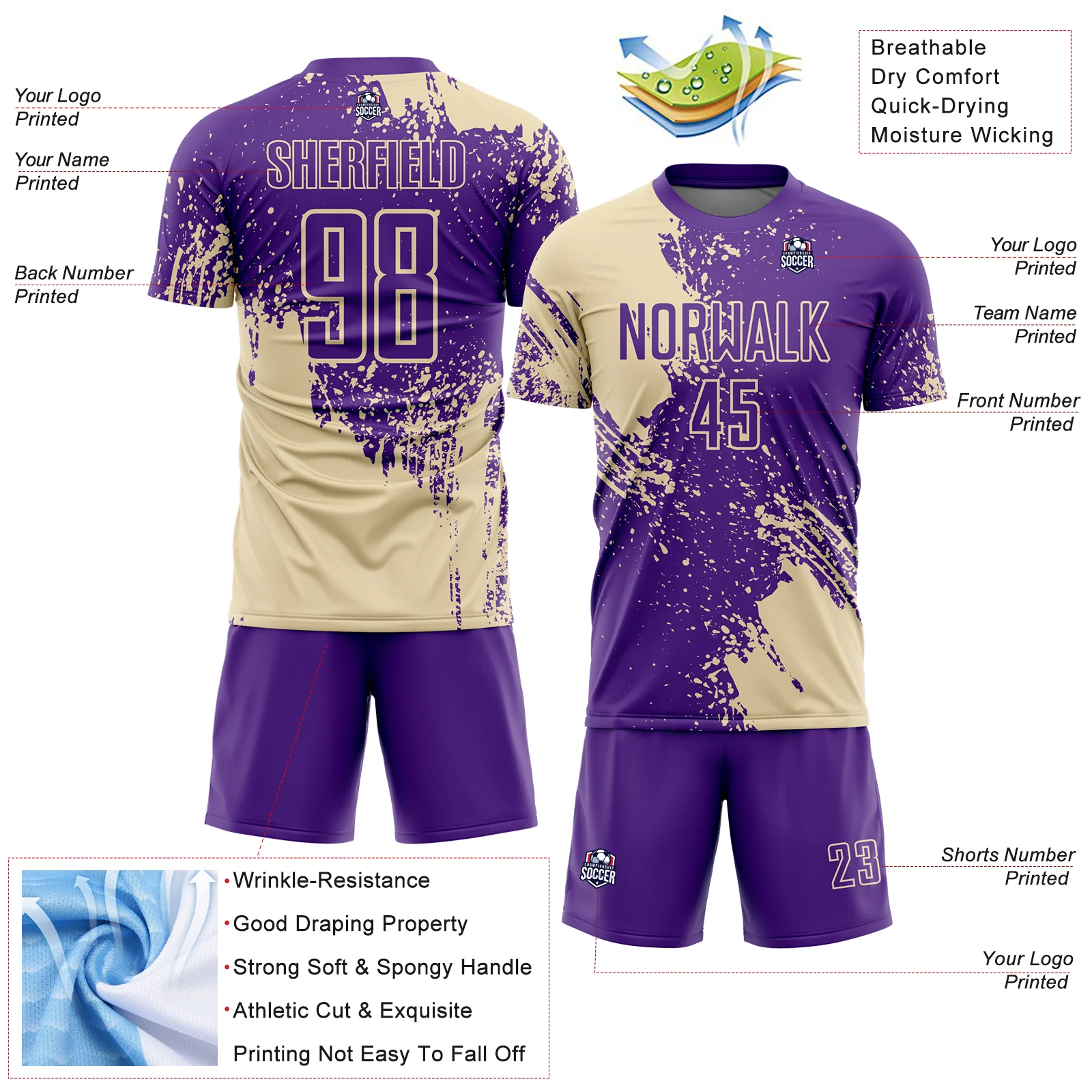 Custom Purple Cream Abstract Brush Stroke Sports Sublimation Soccer Uniform Jersey - Image 4