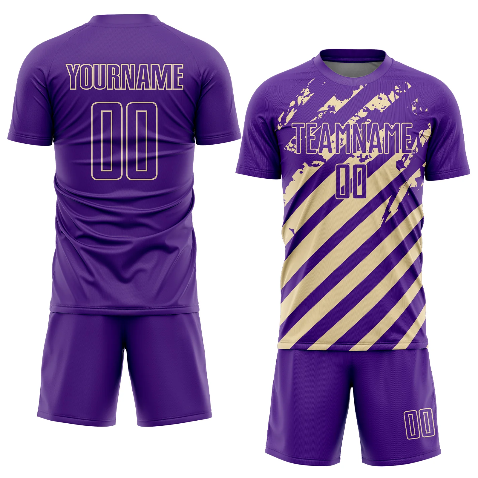 Custom Purple Cream Distressed Diagonal Stripe Pattern Sports Sublimation Soccer Uniform Jersey - Image 2