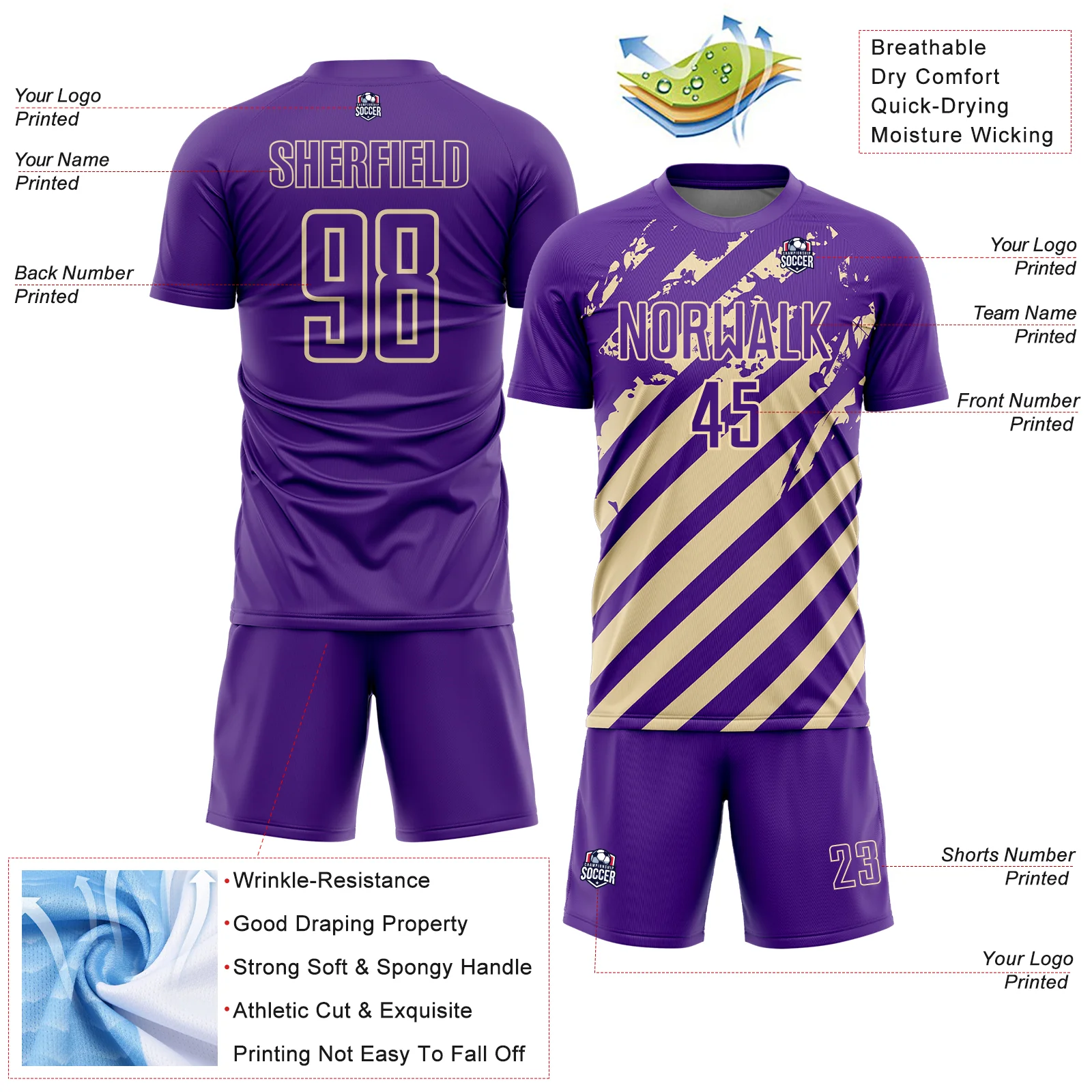 Custom Purple Cream Distressed Diagonal Stripe Pattern Sports Sublimation Soccer Uniform Jersey - Image 4