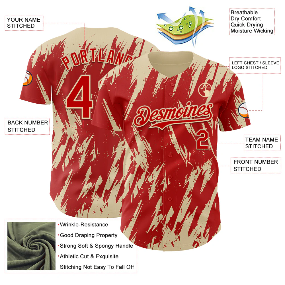 Custom Red Cream Splatter Torn Sharp Brush Stroke Authentic Baseball Jersey - Image 3