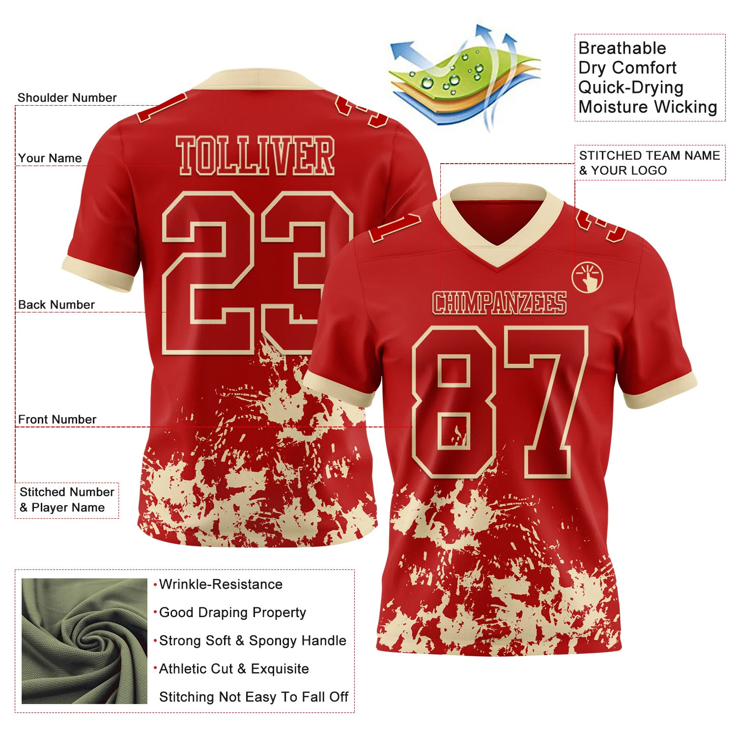 Custom Red Cream 3D Pattern Splash Authentic Football Jersey - Image 2