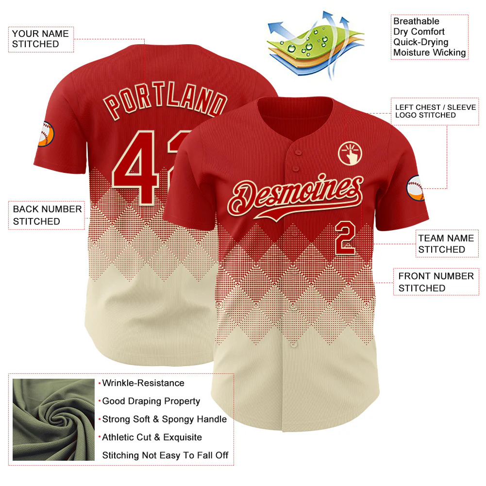 Custom Red Cream 3D Gradient Square Shape Authentic Baseball Jersey - Image 3