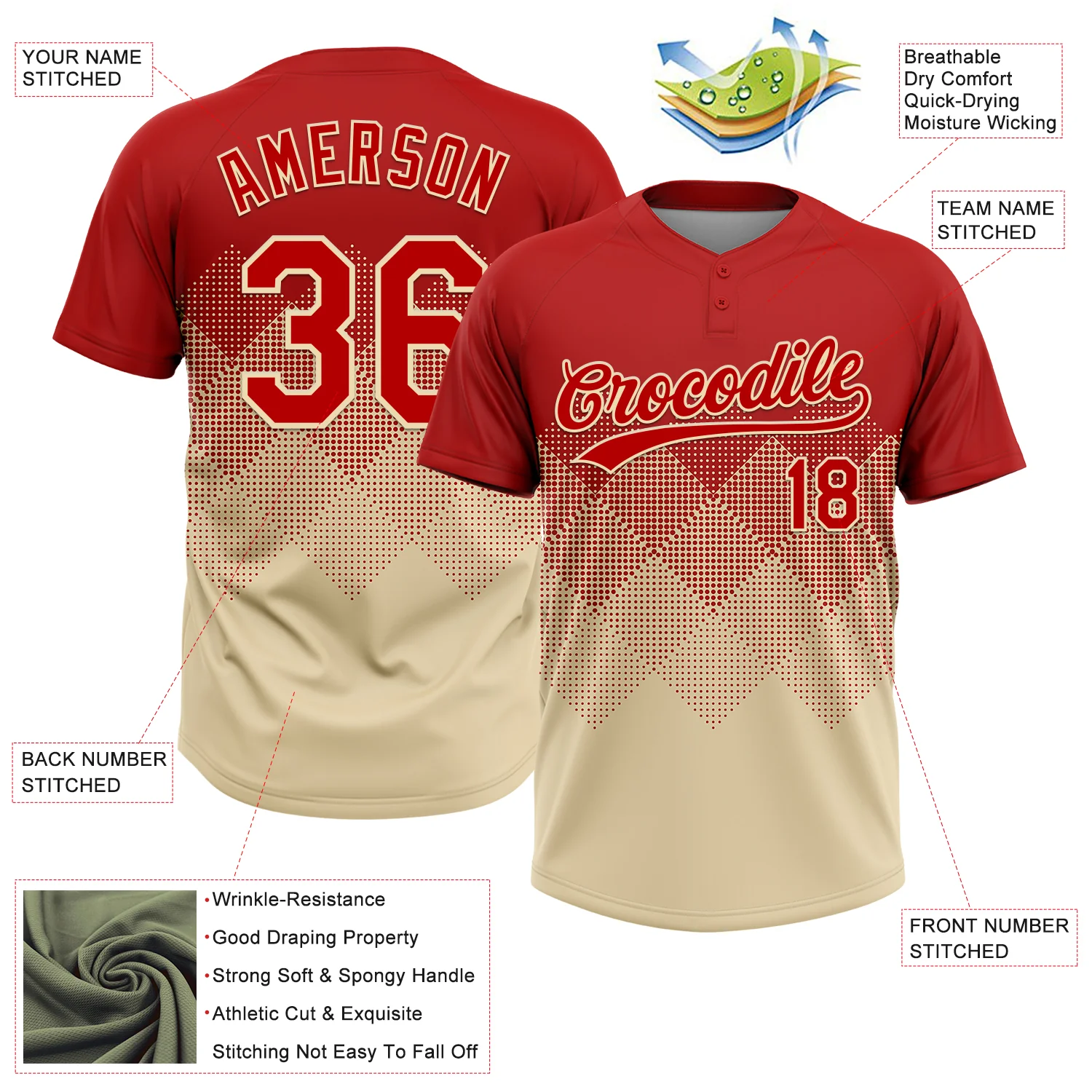 Custom Red Cream 3D Gradient Square Shape Two-Button Unisex Softball Jersey - Image 3