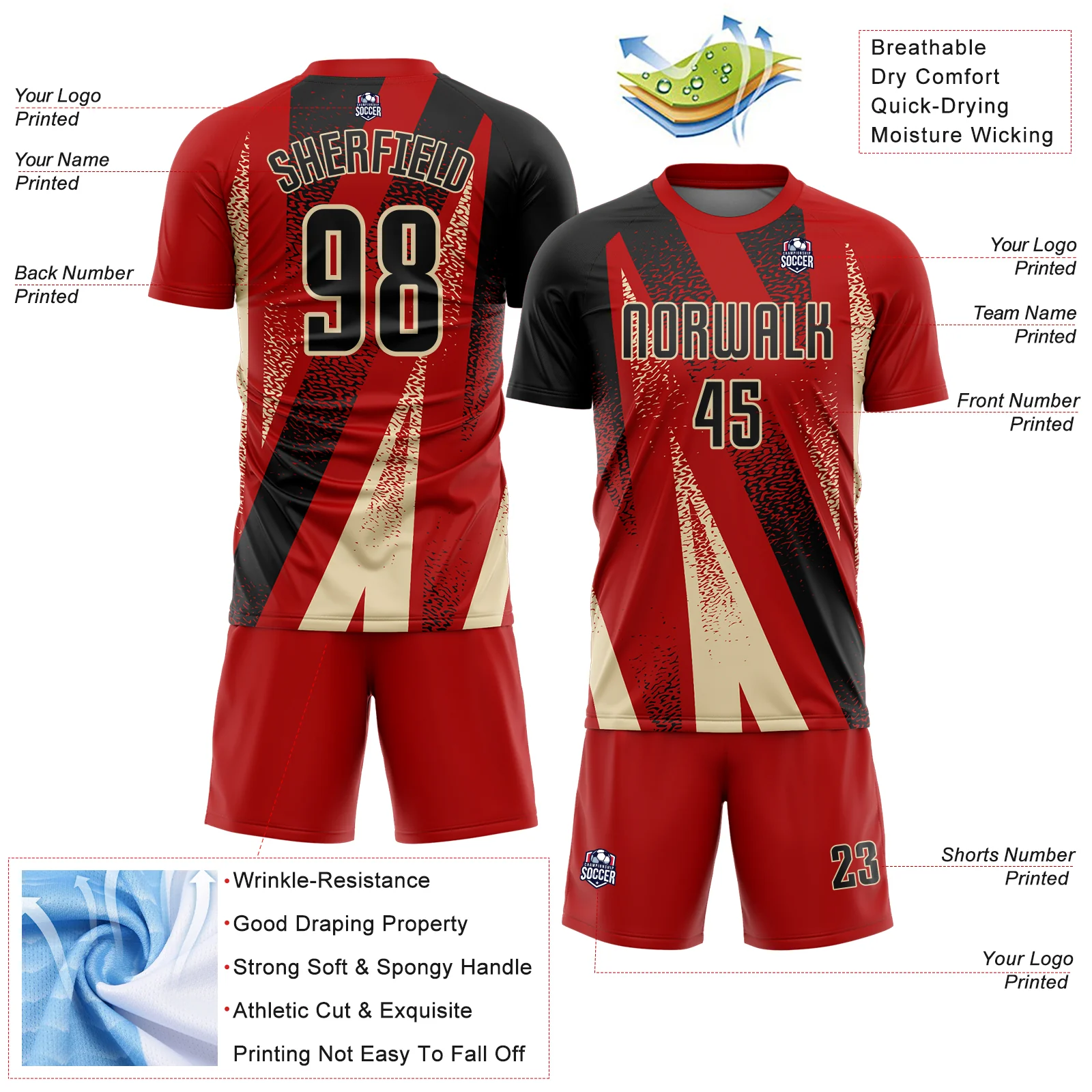 Custom Red Black-Cream Radial Burst Sports Sublimation Soccer Uniform Jersey - Image 4