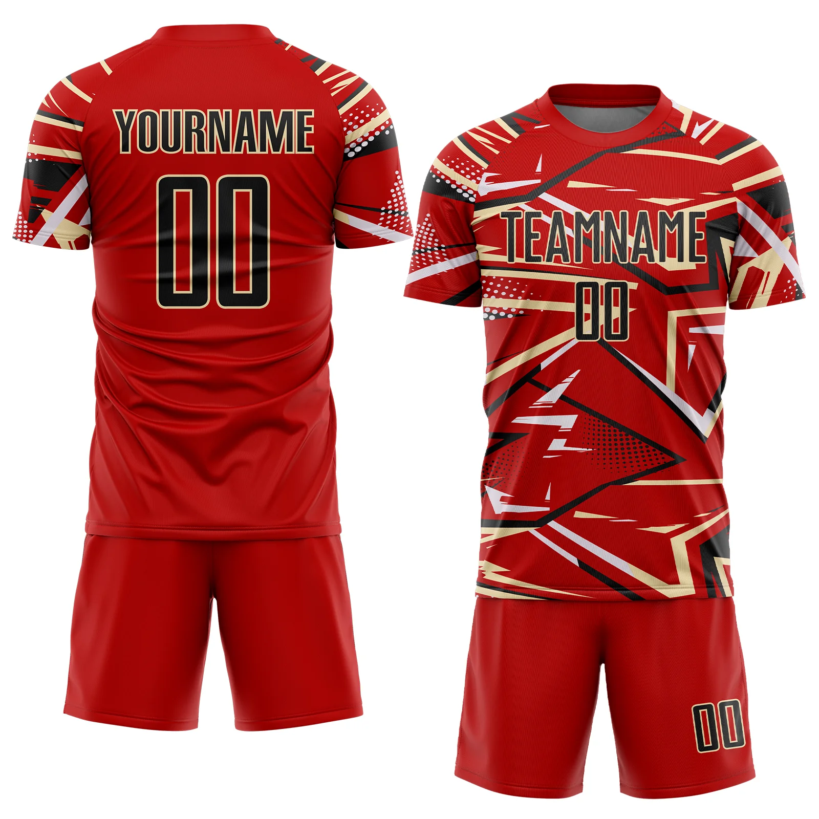 Custom Red Black Cream-White Abstract Geometric Stripes Sports Sublimation Soccer Uniform Jersey - Image 2