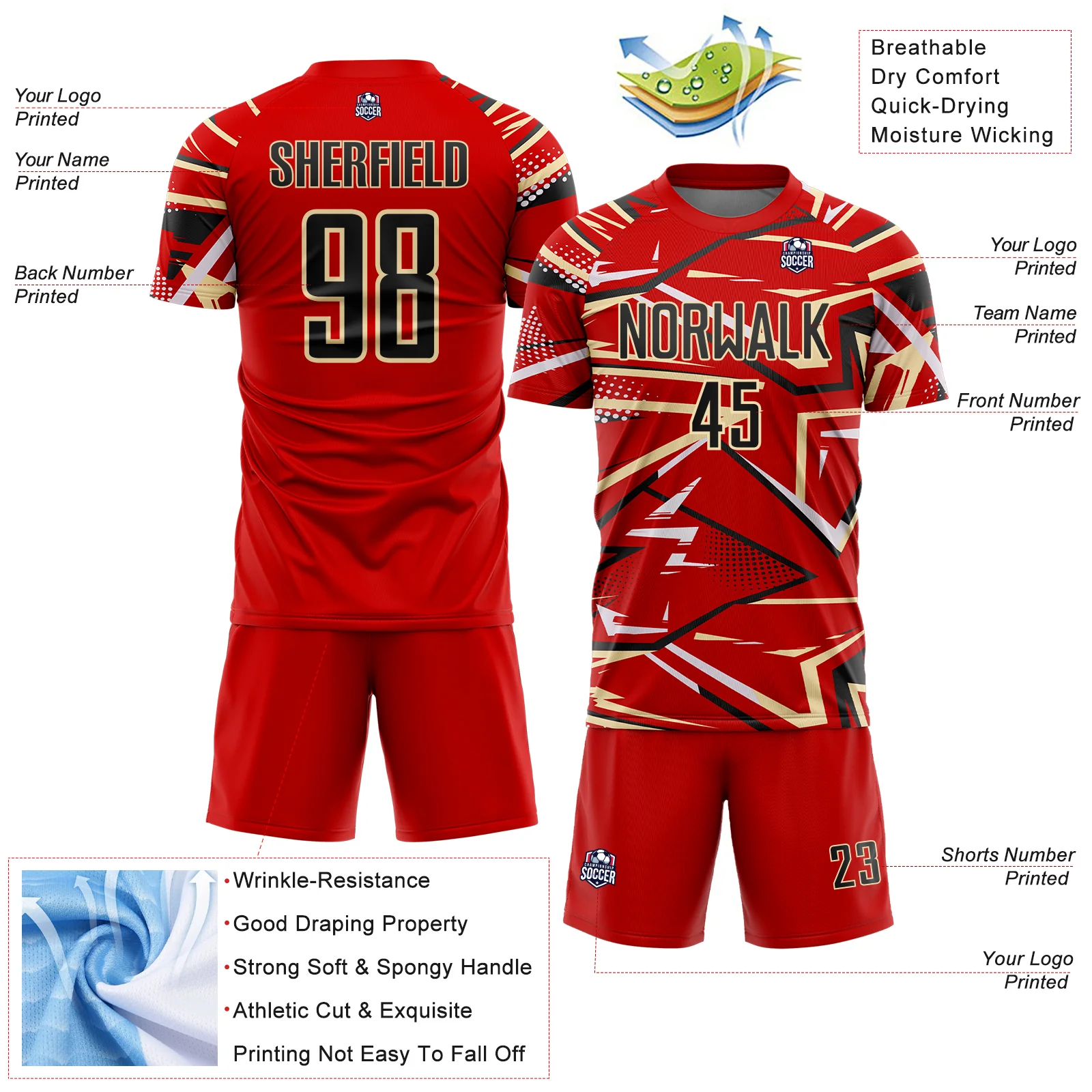 Custom Red Black Cream-White Abstract Geometric Stripes Sports Sublimation Soccer Uniform Jersey - Image 4