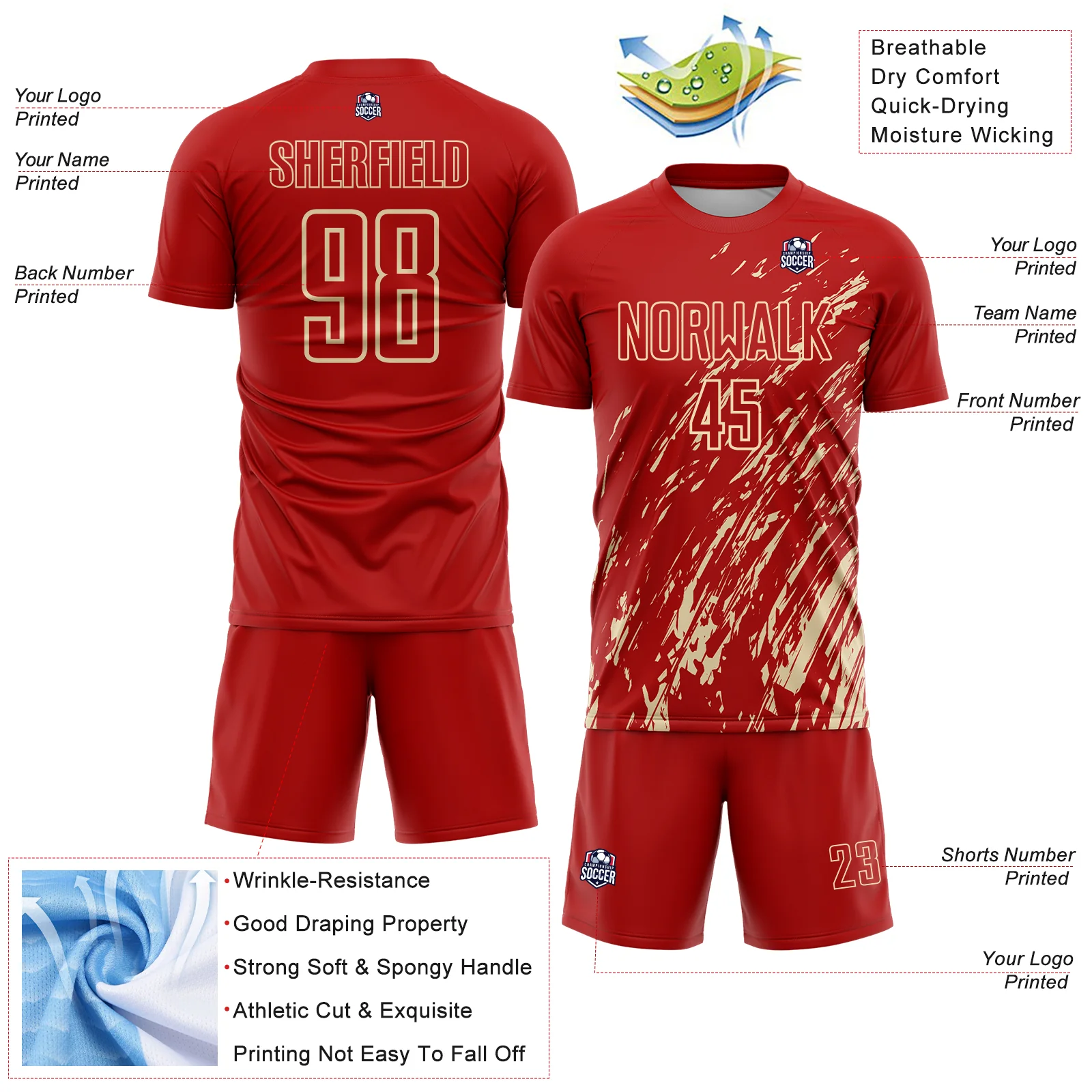 Custom Red Cream Splash Sublimation Soccer Uniform Jersey - Image 4