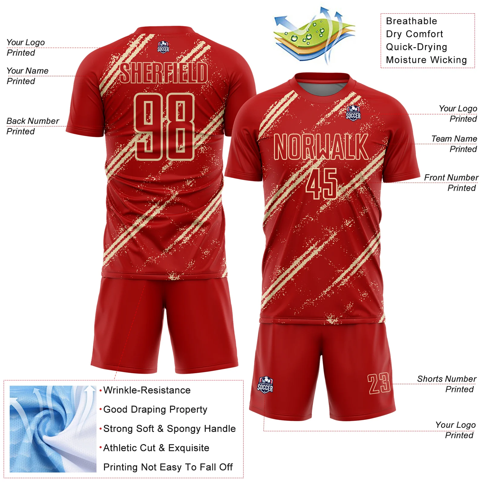Custom Red Cream Abstract Fragment Art Splash Sublimation Soccer Uniform Jersey - Image 4