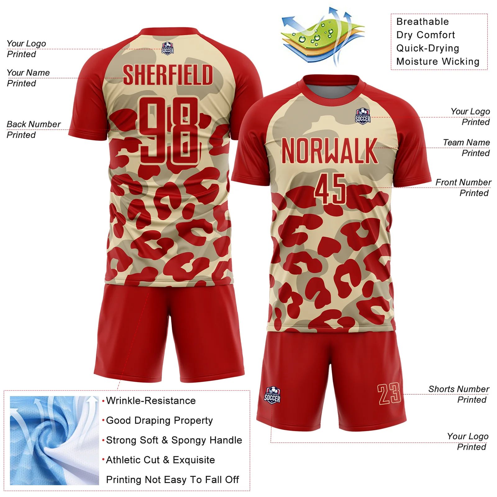 Custom Red Cream Animal Leopard Print Sports Sublimation Soccer Uniform Jersey - Image 4