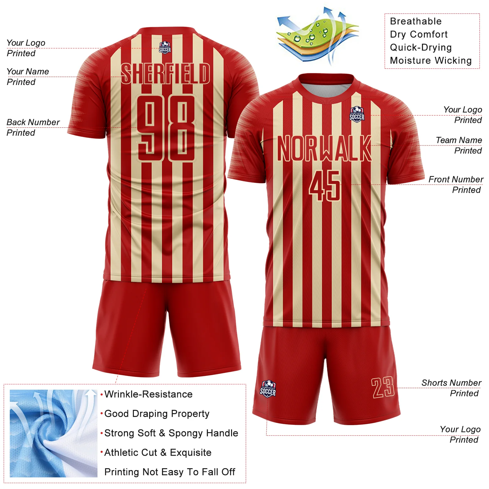 Custom Red Cream Stripe Sports Sublimation Soccer Uniform Jersey - Image 4