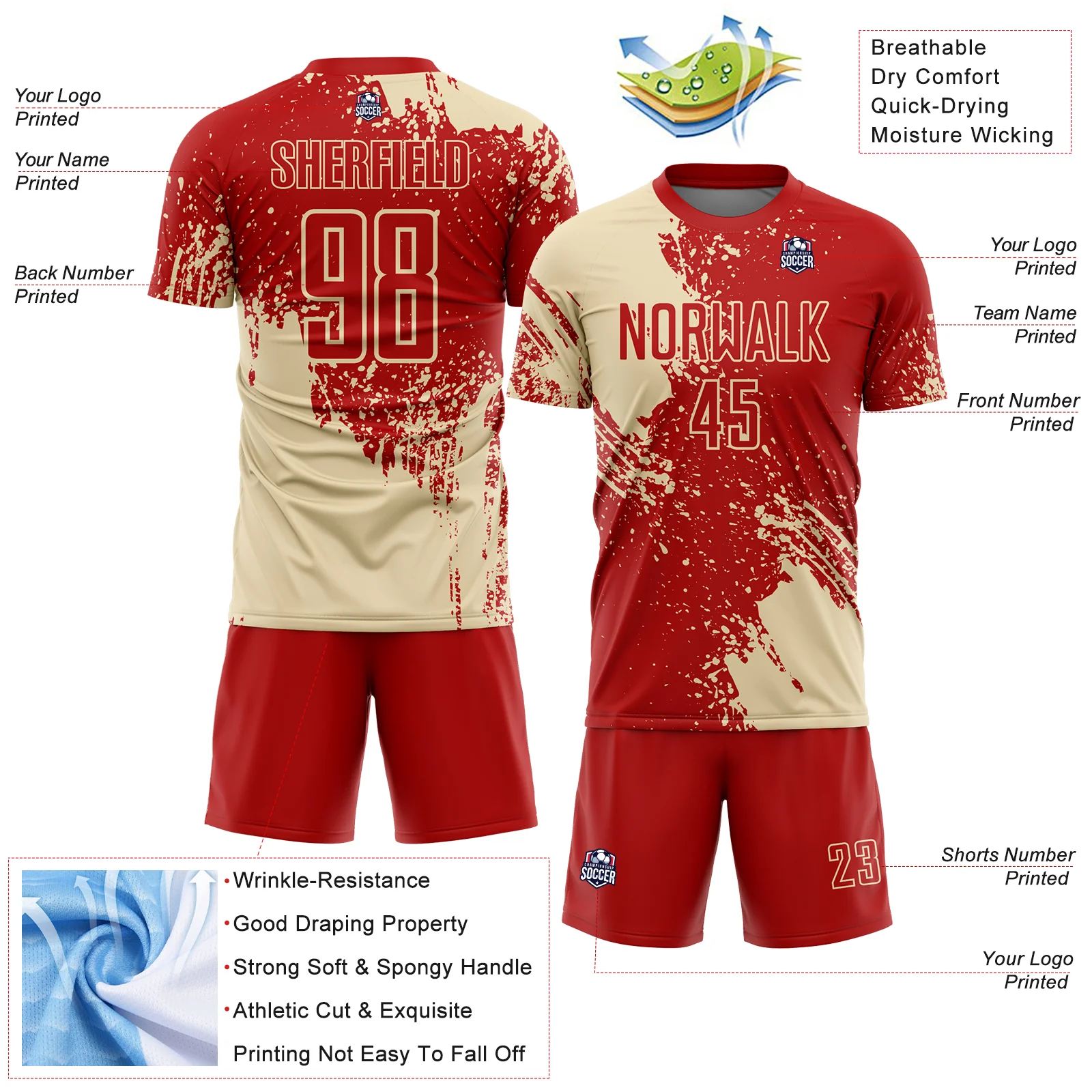 Custom Red Cream Abstract Brush Stroke Sports Sublimation Soccer Uniform Jersey - Image 4