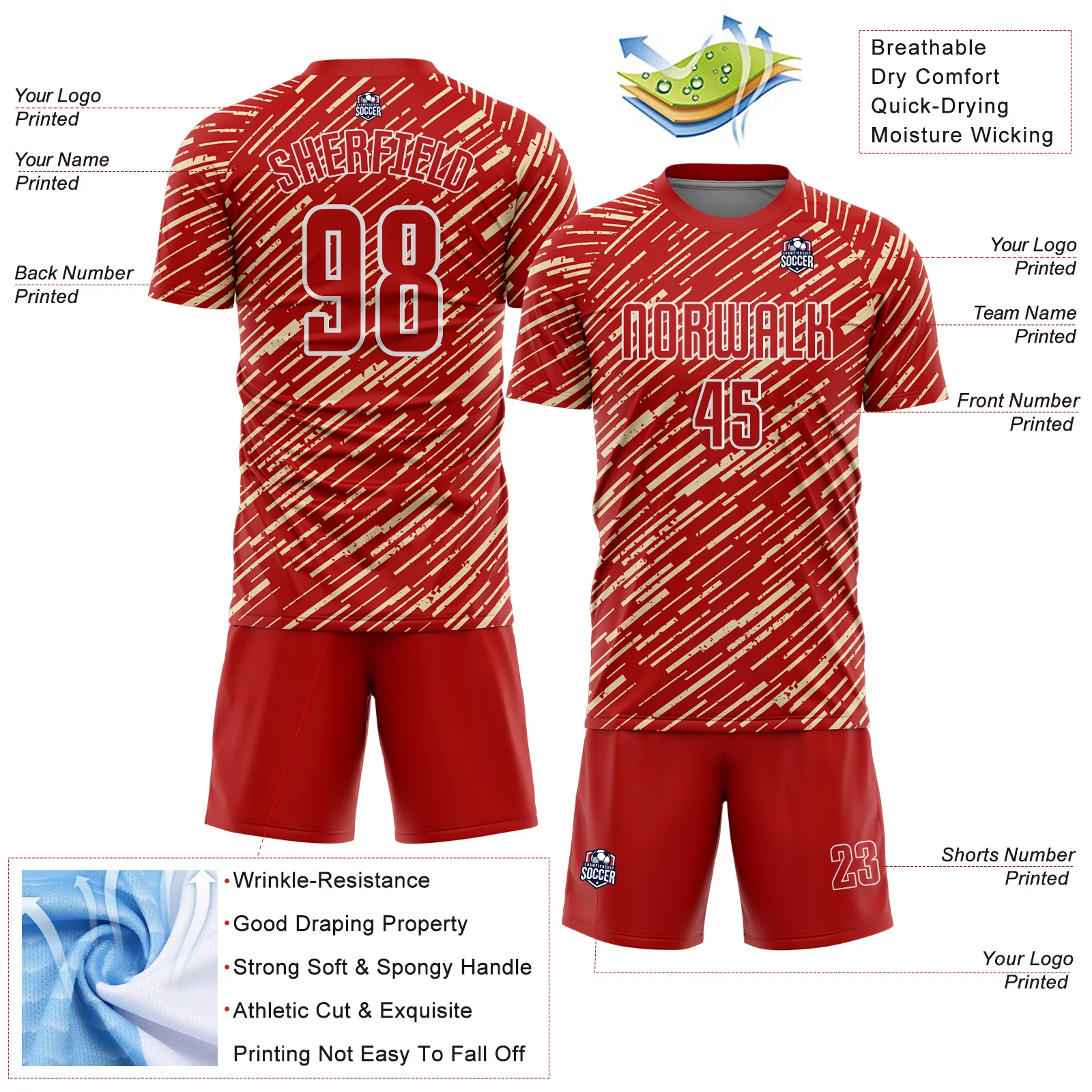 Custom Red Cream-White Line Sports Sublimation Soccer Uniform Jersey - Image 4