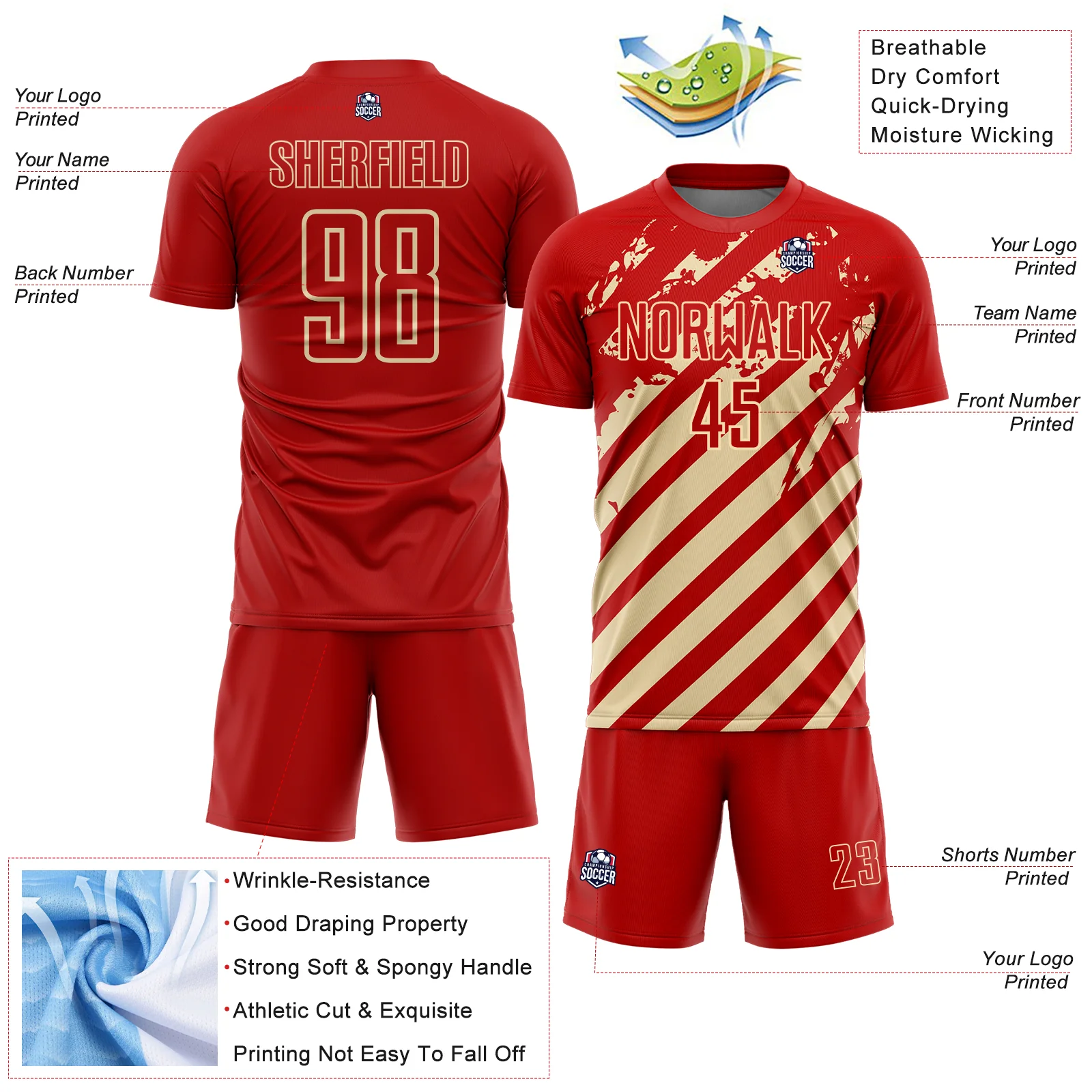 Custom Red Cream Distressed Diagonal Stripe Pattern Sports Sublimation Soccer Uniform Jersey - Image 4