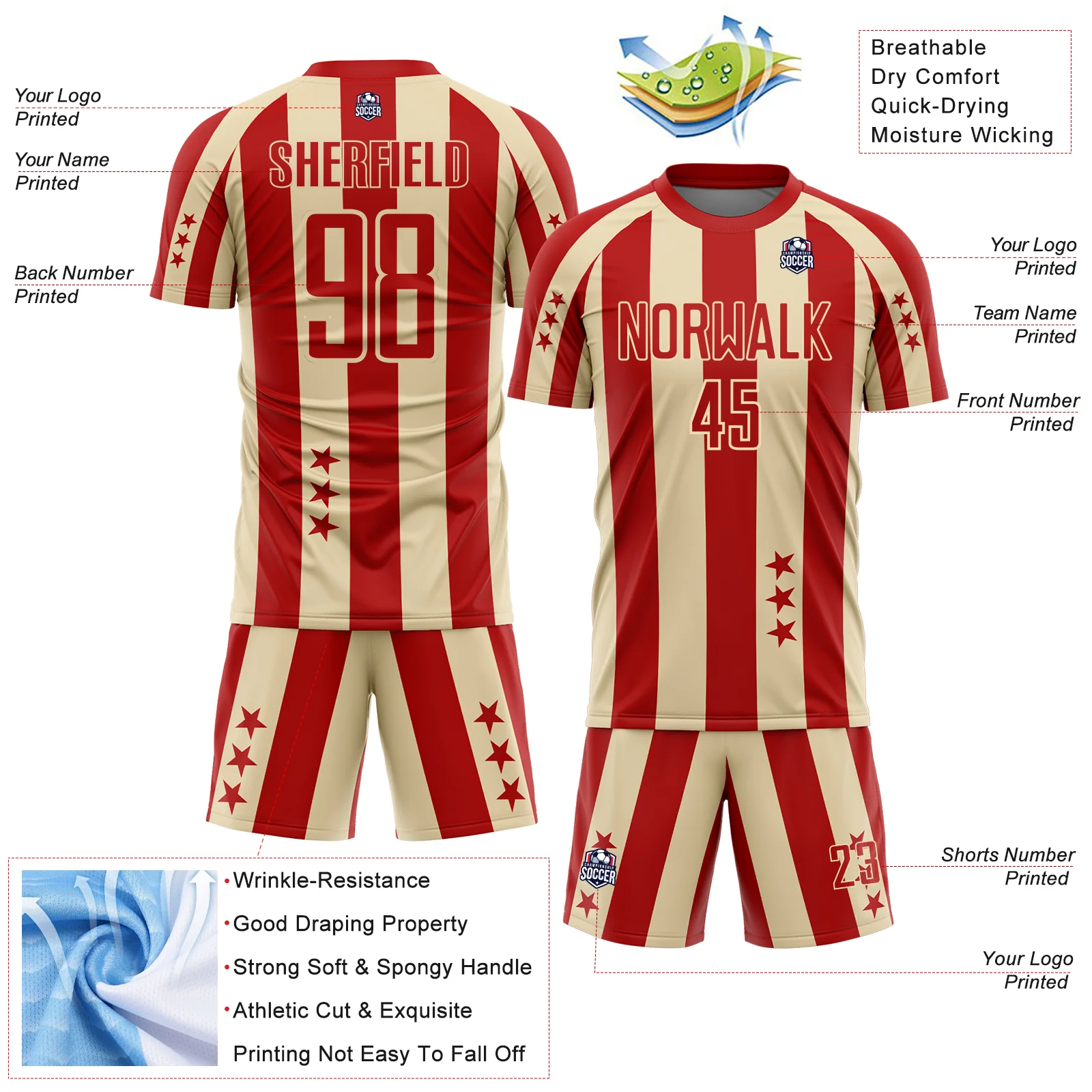 Custom Red Cream Stars And Stripes Sports Sublimation Soccer Uniform Jersey - Image 4