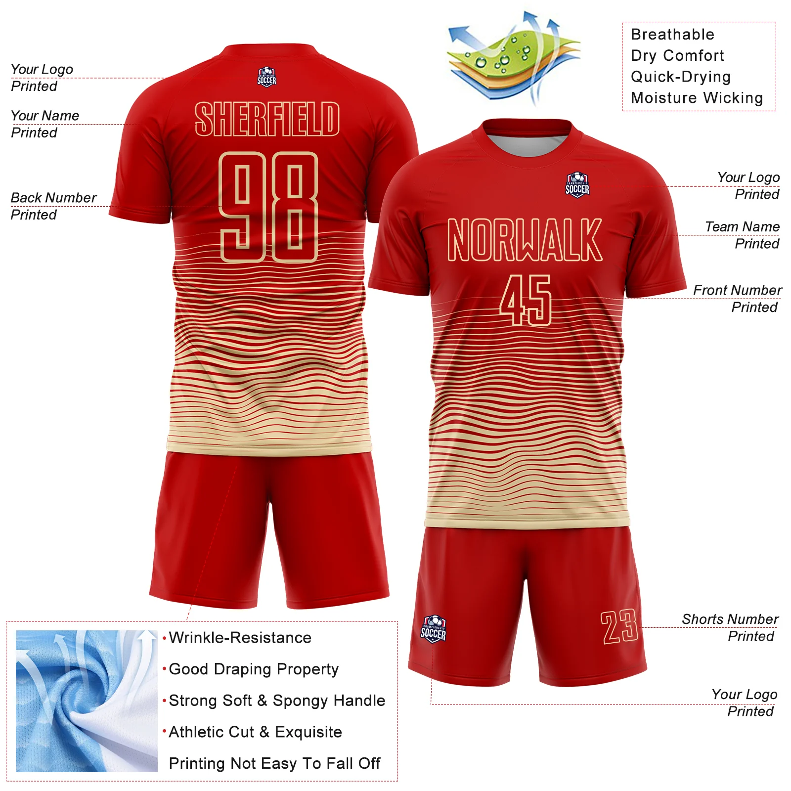 Custom Red Cream Gradient Wave Line Sports Sublimation Soccer Uniform Jersey - Image 4