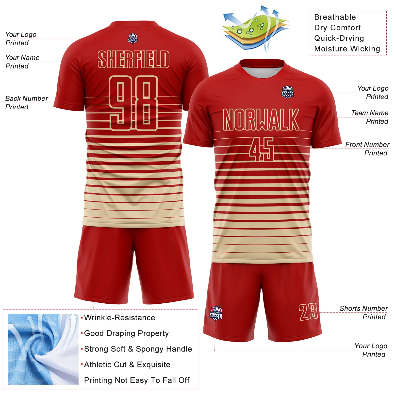 Custom Red Cream Gradient Pinstripe Sublimation Soccer Uniform Jersey - Image 4