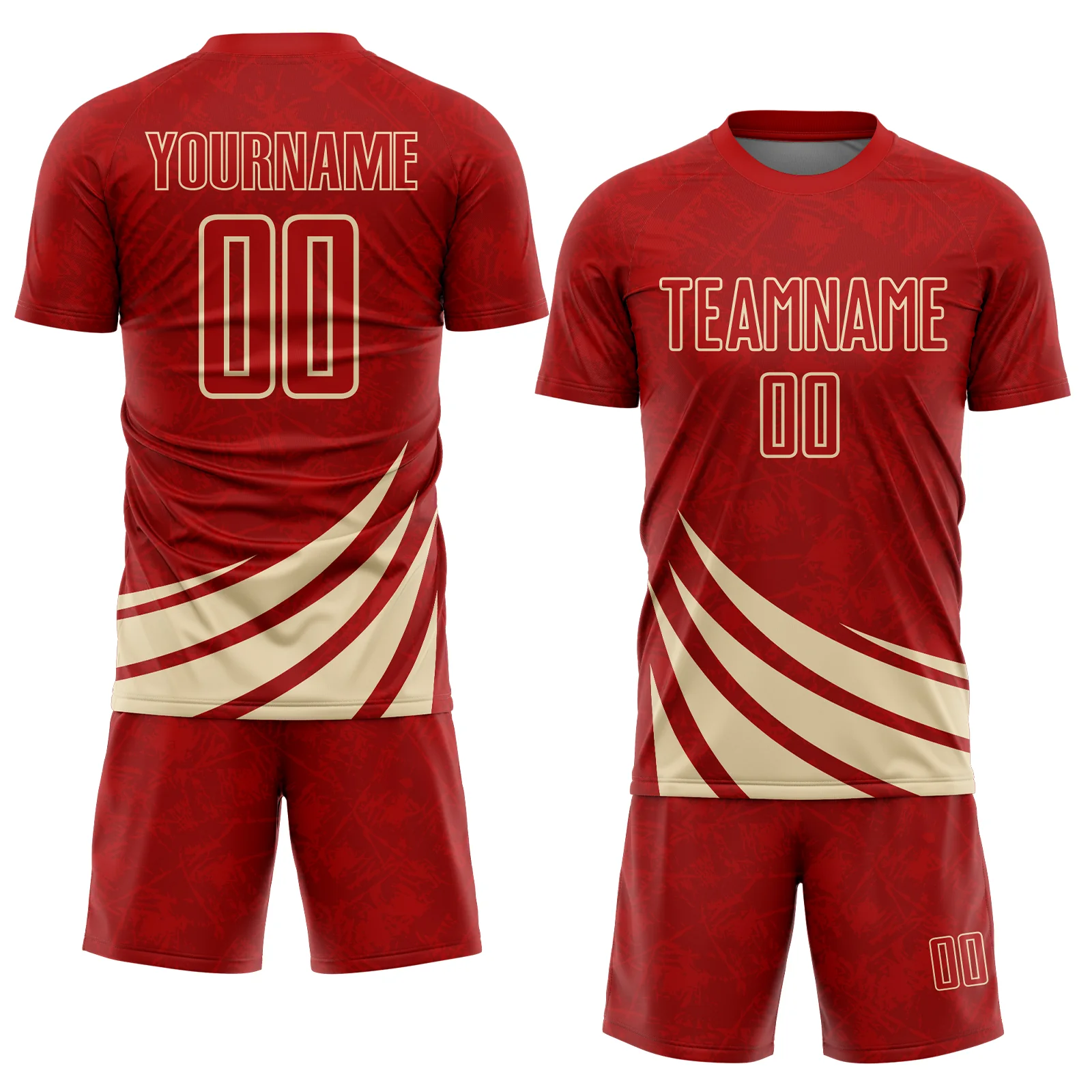Custom Red Cream Distressed Diagonal Stripes Wind Shapes Sports Sublimation Soccer Uniform Jersey - Image 2