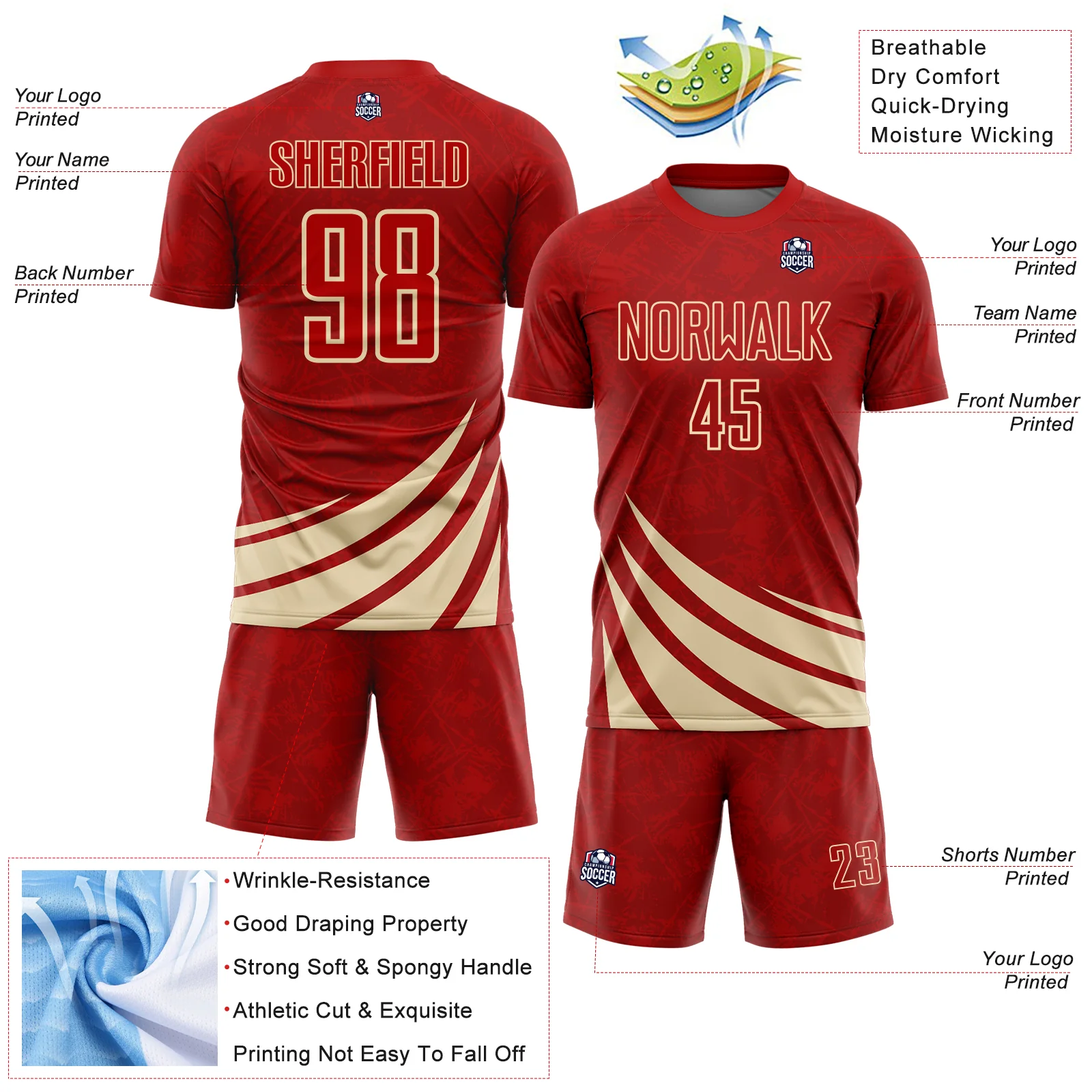 Custom Red Cream Distressed Diagonal Stripes Wind Shapes Sports Sublimation Soccer Uniform Jersey - Image 4