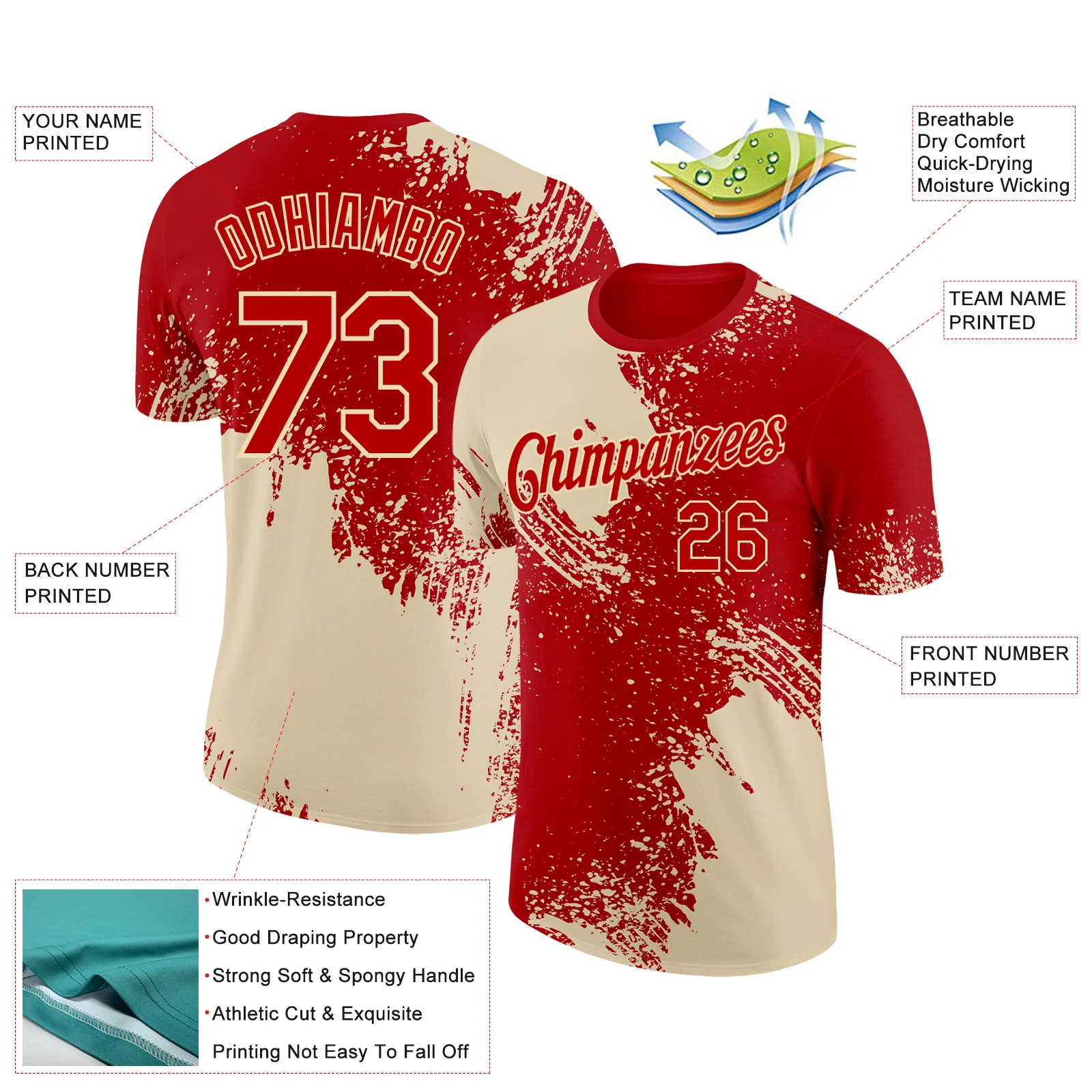 Custom Red Cream 3D Pattern Design Abstract Brush Stroke Performance T-Shirt - Image 2