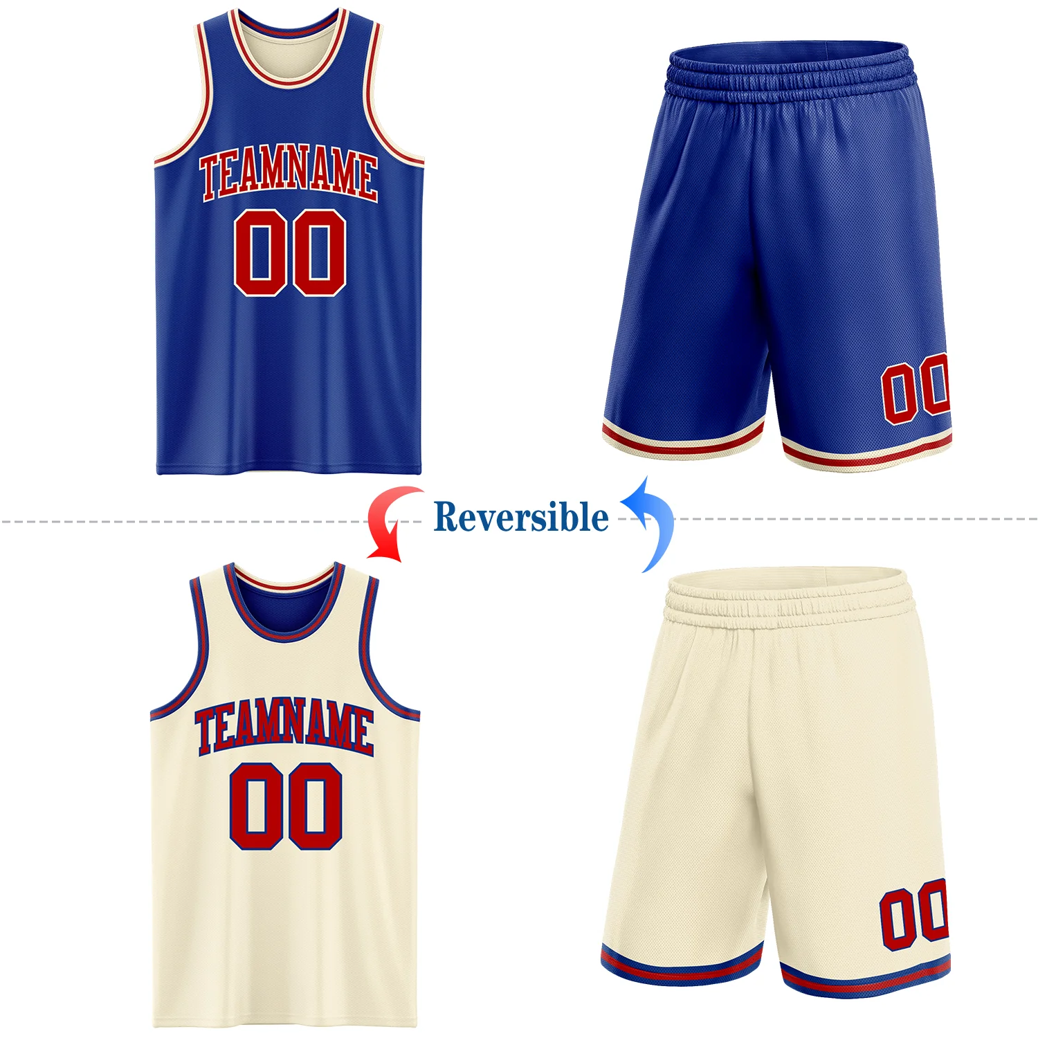Custom Reversible Royal Red-Cream Double Side Sublimation Basketball Suit Jersey - Image 2
