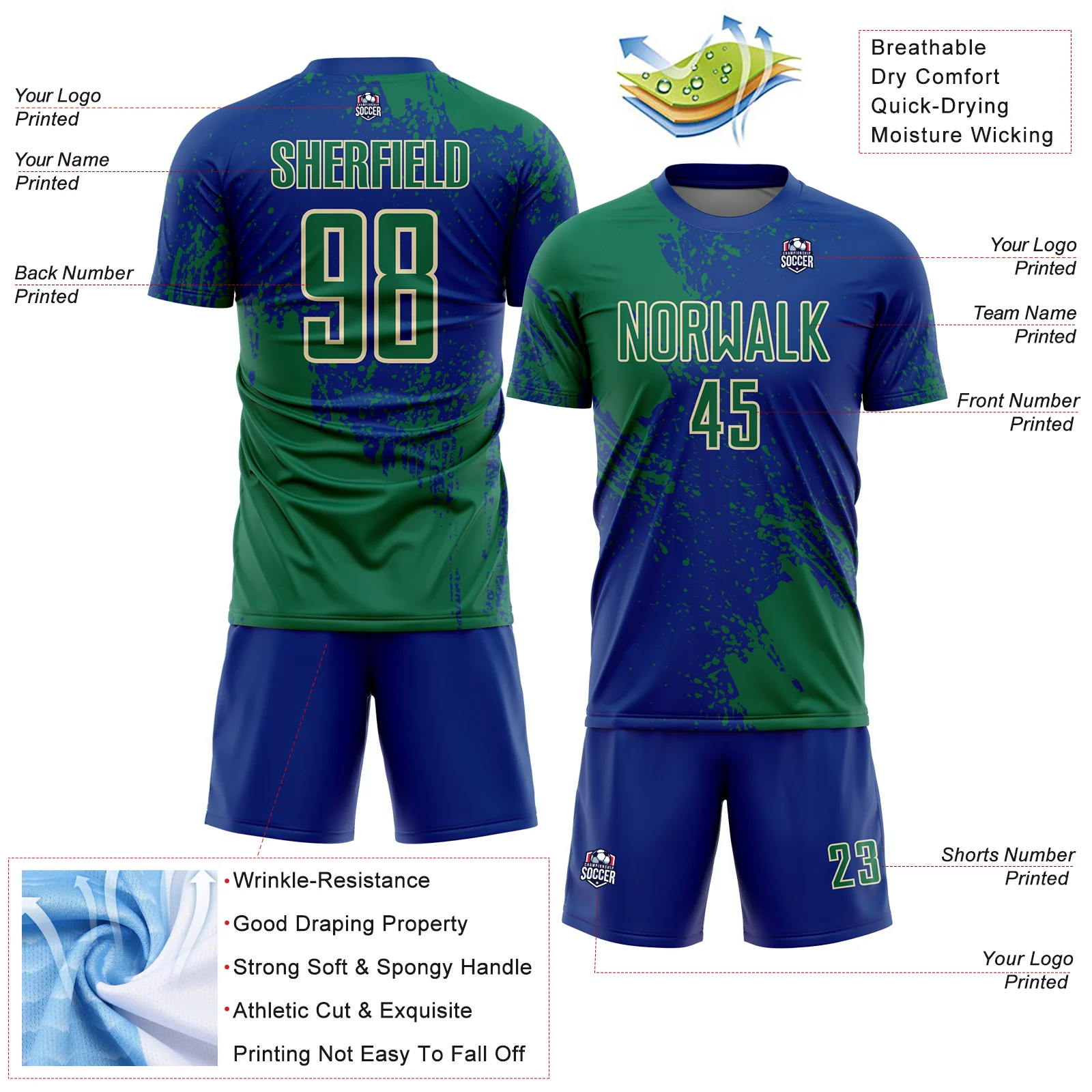 Custom Royal Kelly Green-Cream Abstract Brush Stroke Sports Sublimation Soccer Uniform Jersey - Image 4