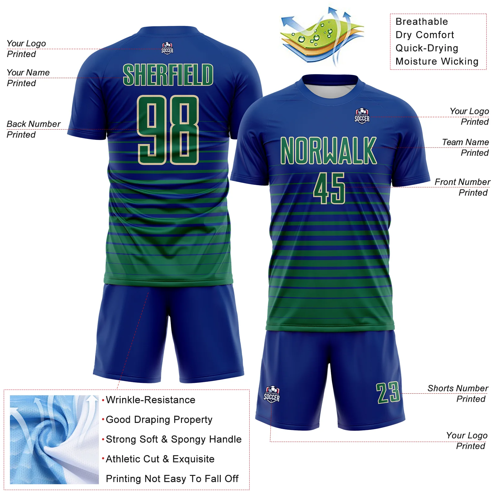 Custom Royal Kelly Green-Cream Gradient Pinstripe Sublimation Soccer Uniform Jersey - Image 4