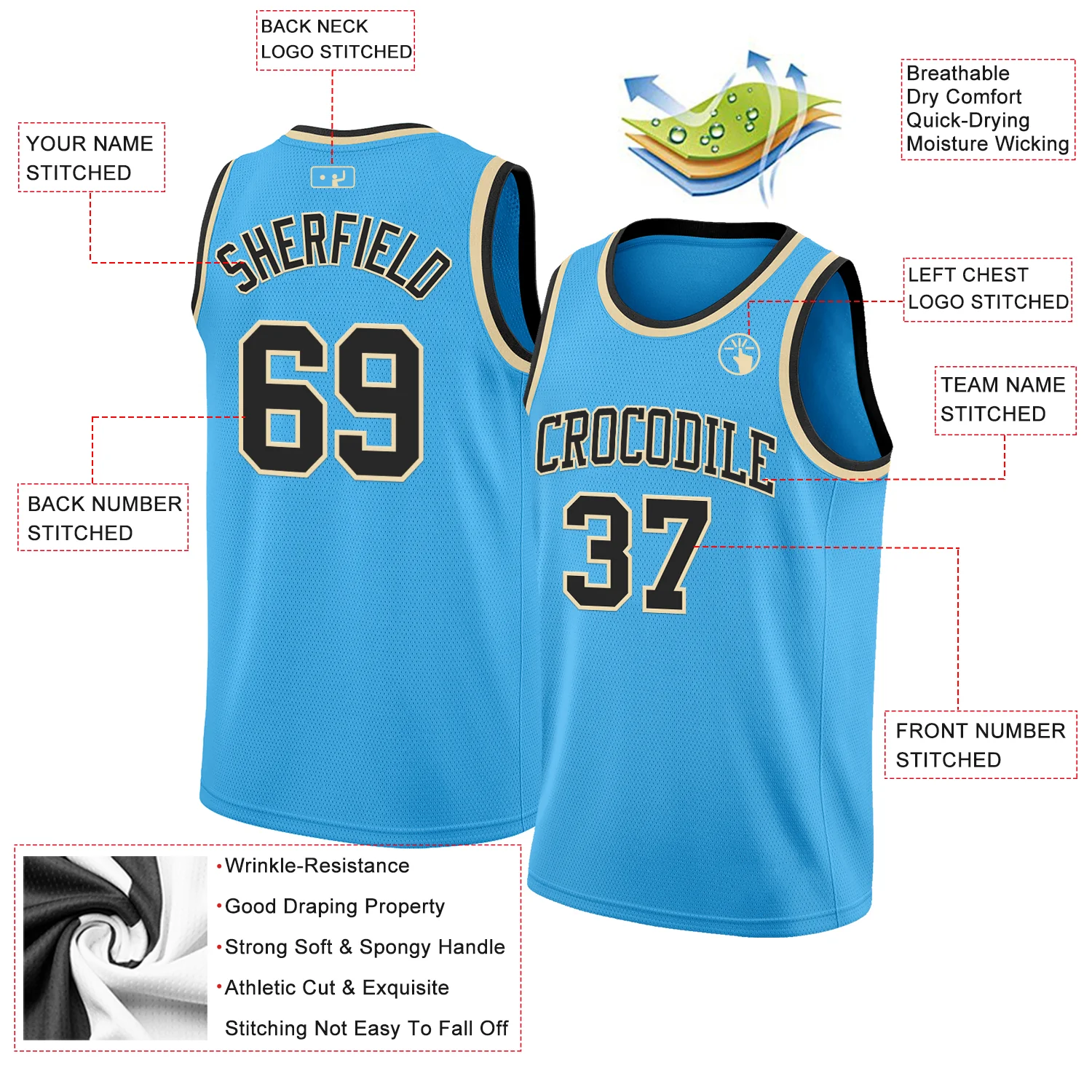 Custom Sky Blue Black-Cream Authentic Basketball Jersey - Image 2