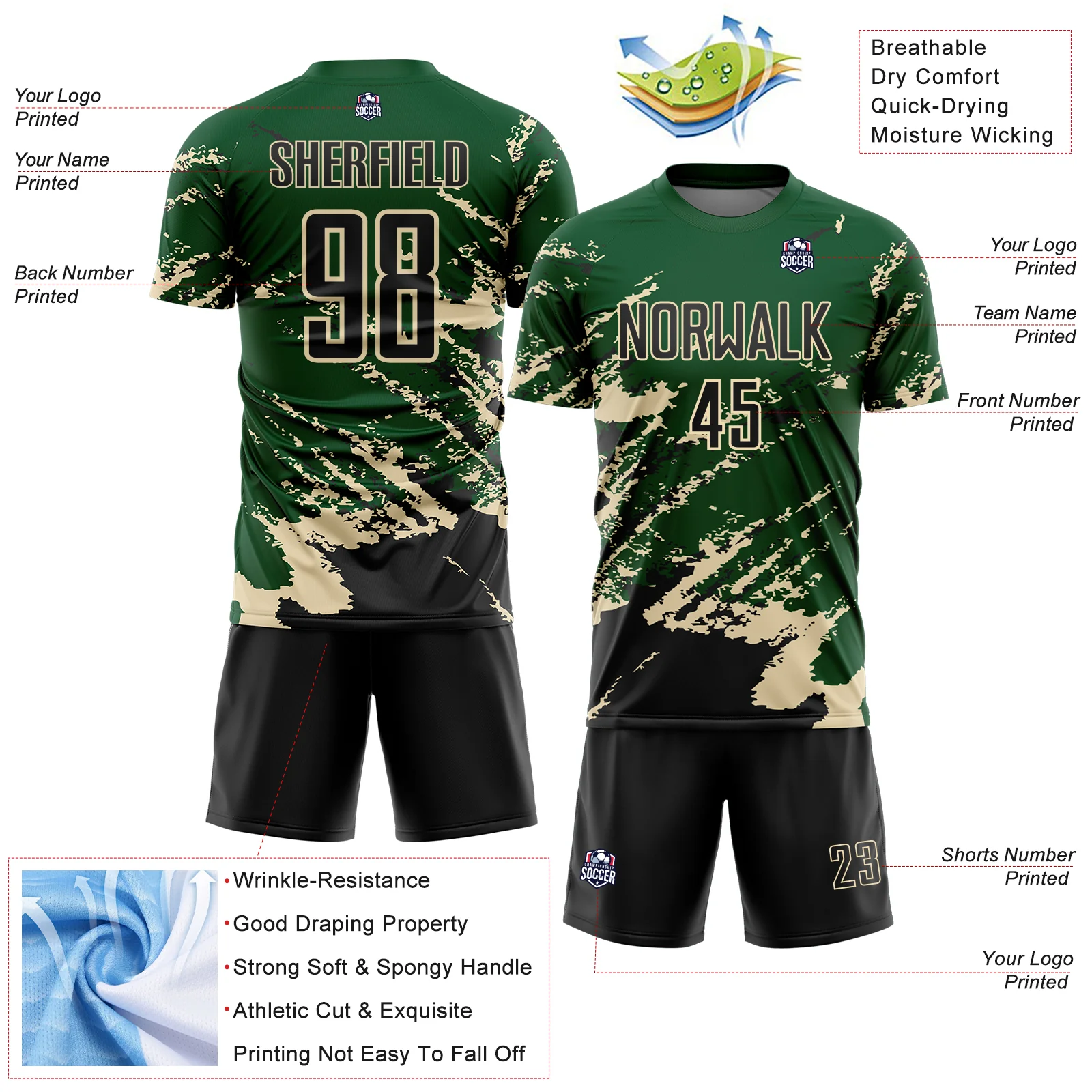 Custom Green Black-Cream Abstract Fragment Art Splash Sports Sublimation Soccer Uniform Jersey - Image 4