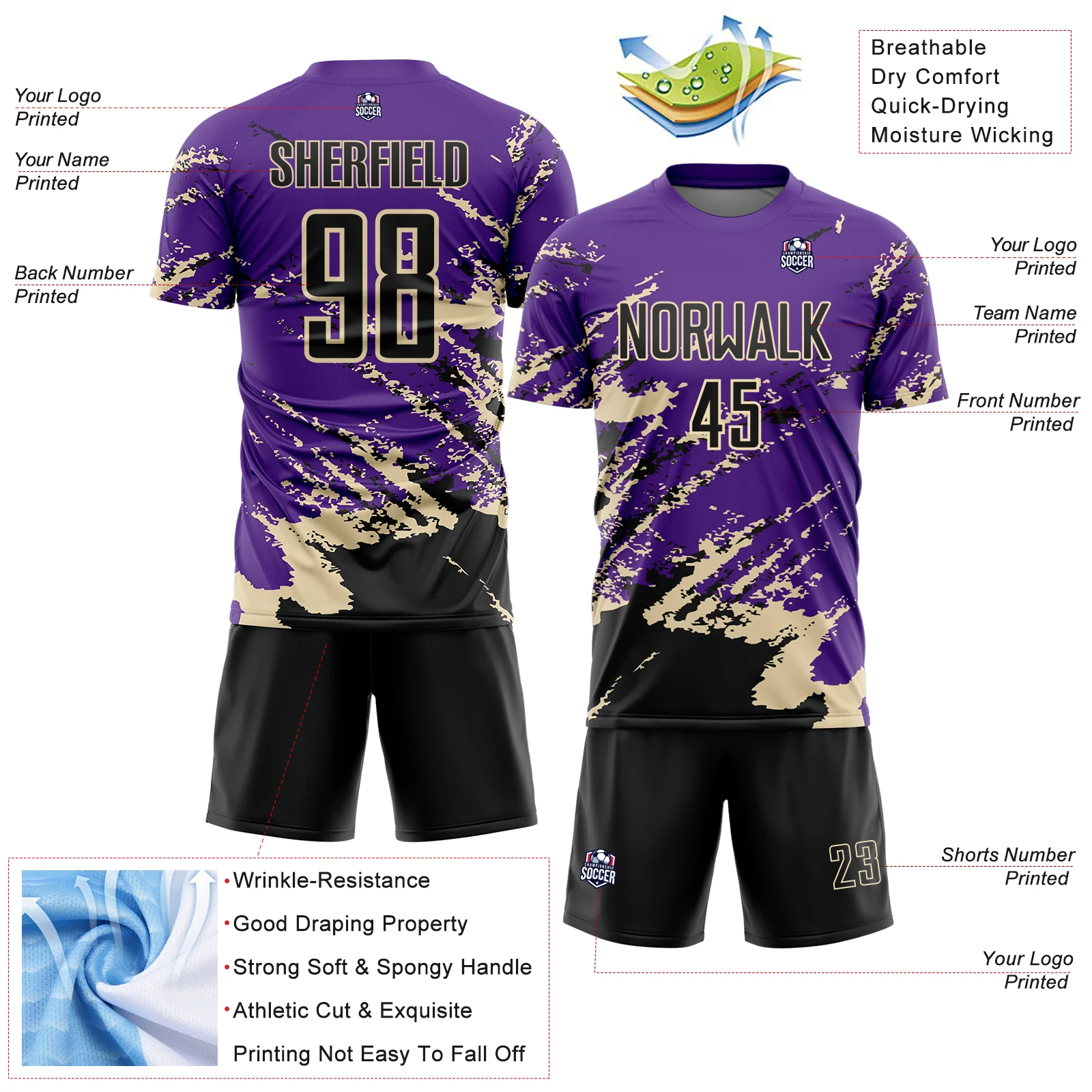 Custom Purple Black-Cream Abstract Fragment Art Splash Sports Sublimation Soccer Uniform Jersey - Image 4