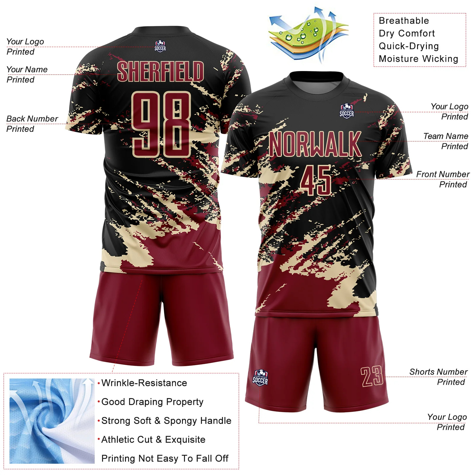Custom Black Crimson-Cream Abstract Fragment Art Splash Sports Sublimation Soccer Uniform Jersey - Image 4