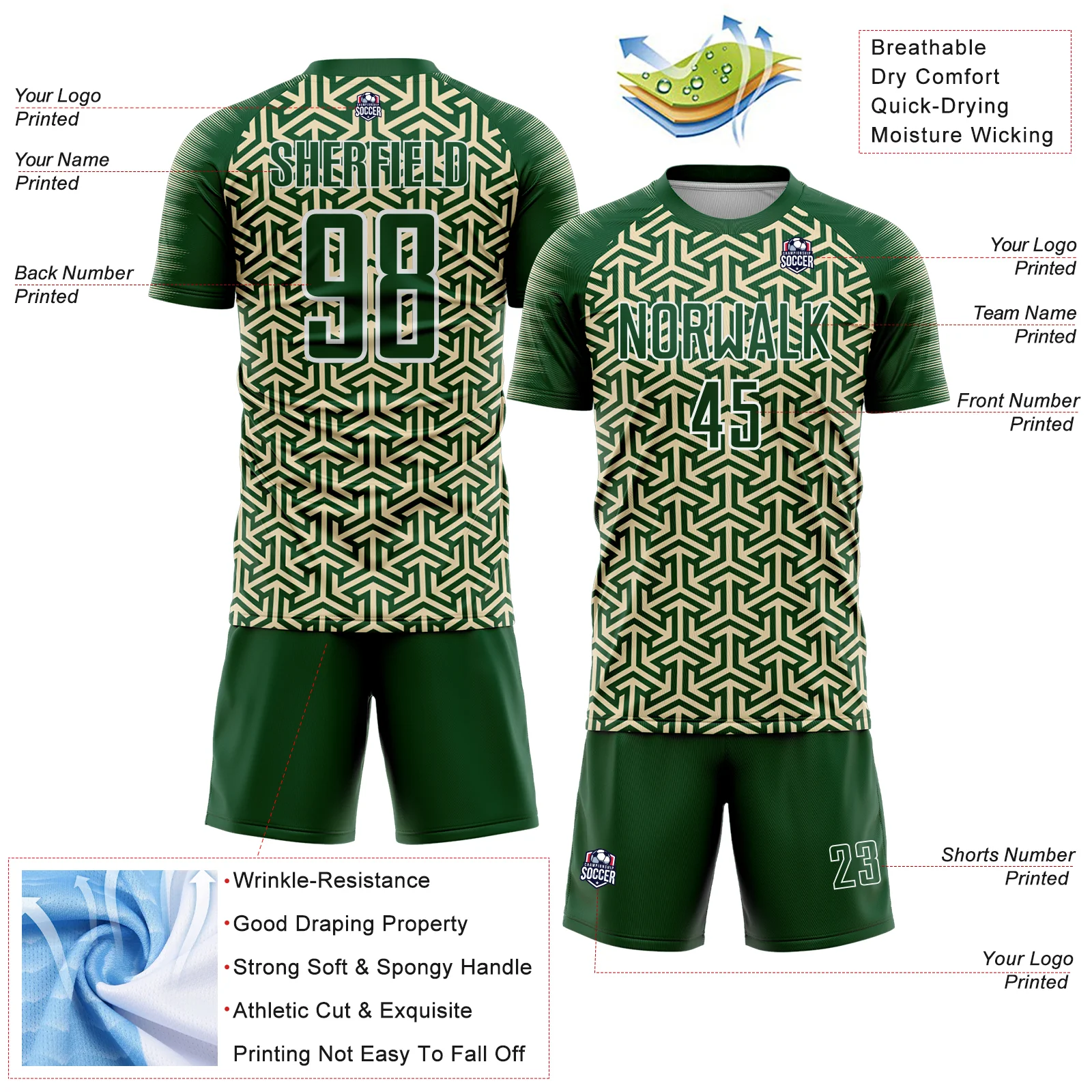 Custom Green Cream-White Geometric Arrow Sublimation Soccer Uniform Jersey - Image 4