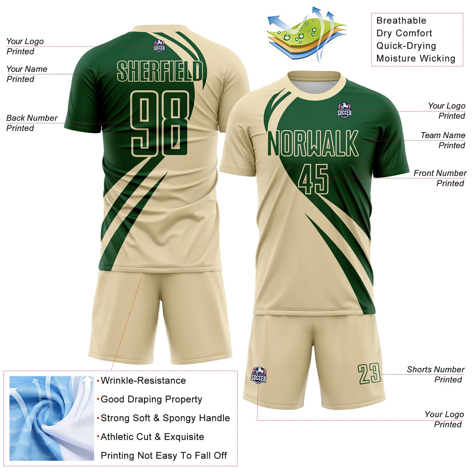 Custom Cream Green Diagonal Streamline Color Block Swirl Curve Lines Sublimation Soccer Uniform Jersey - Image 3