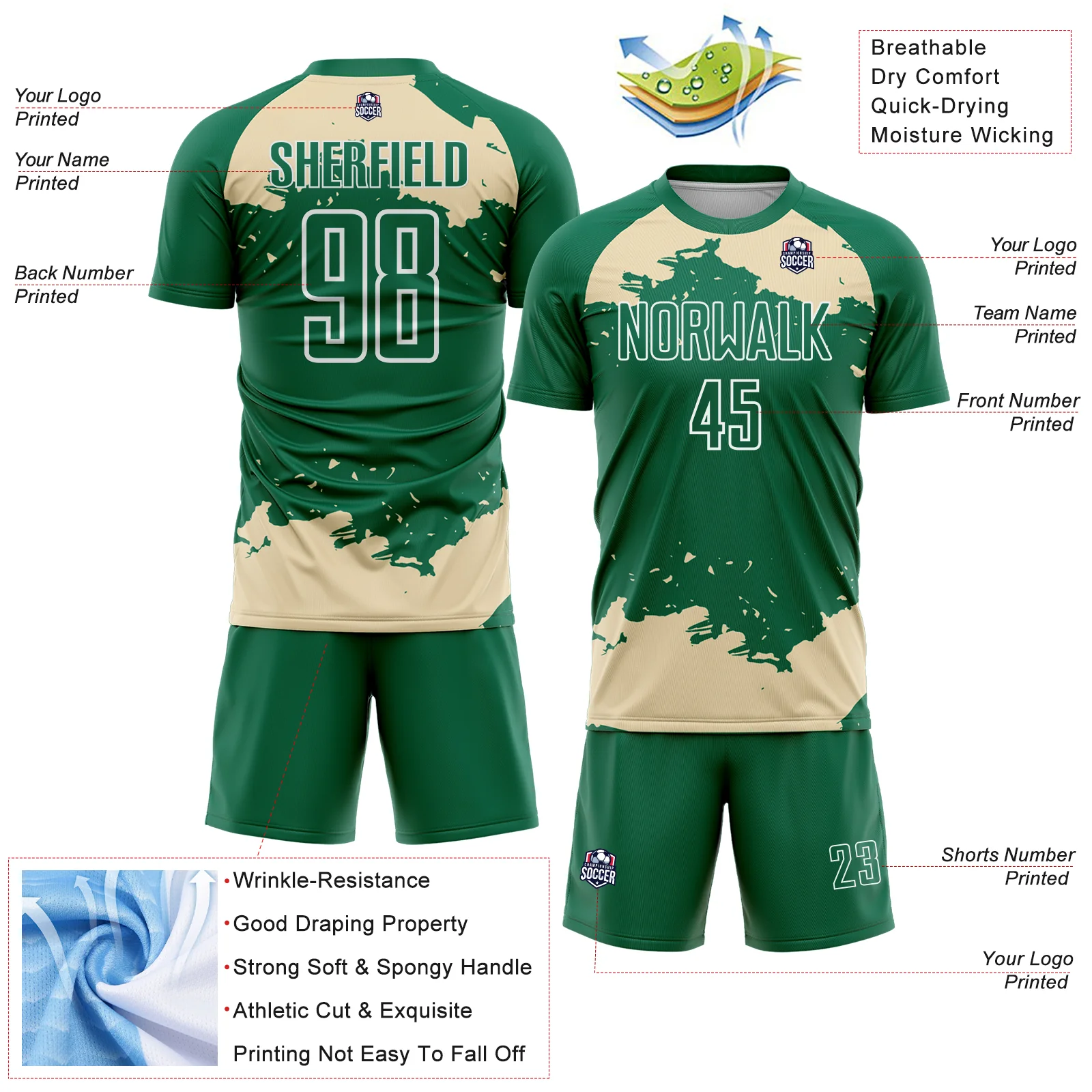 Custom Kelly Green Cream-White Abstract Fragment Art Sublimation Soccer Uniform Jersey - Image 4