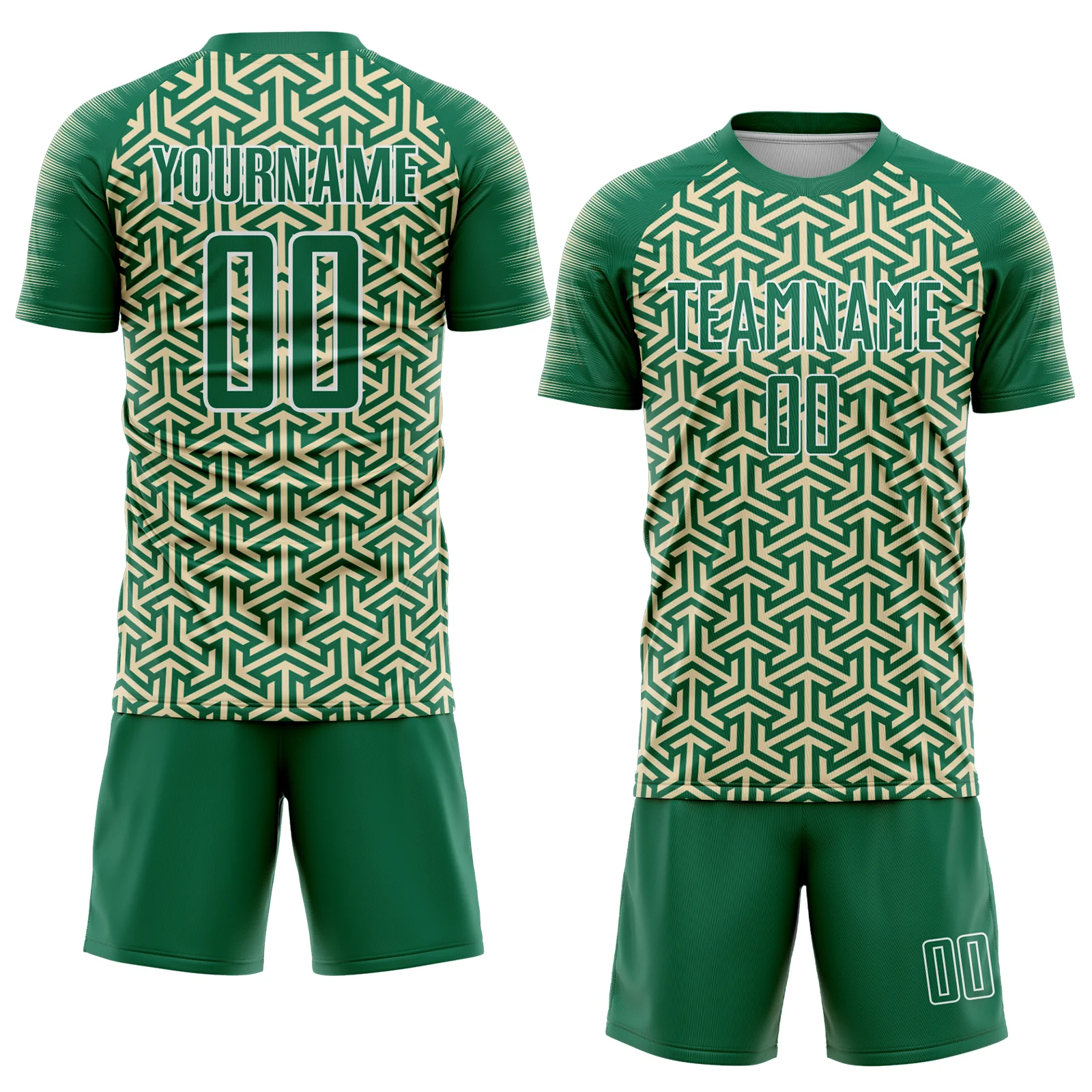 Custom Kelly Green Cream-White Geometric Arrow Sublimation Soccer Uniform Jersey - Image 2