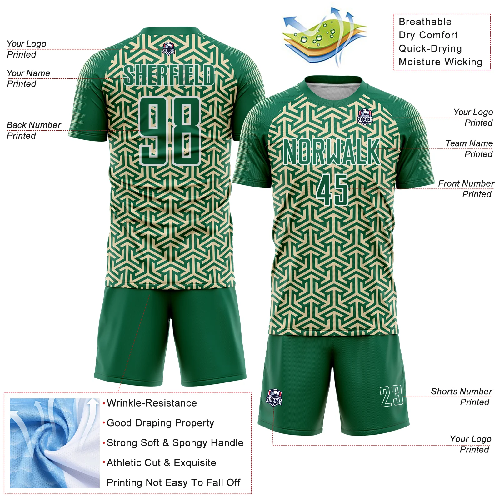 Custom Kelly Green Cream-White Geometric Arrow Sublimation Soccer Uniform Jersey - Image 4