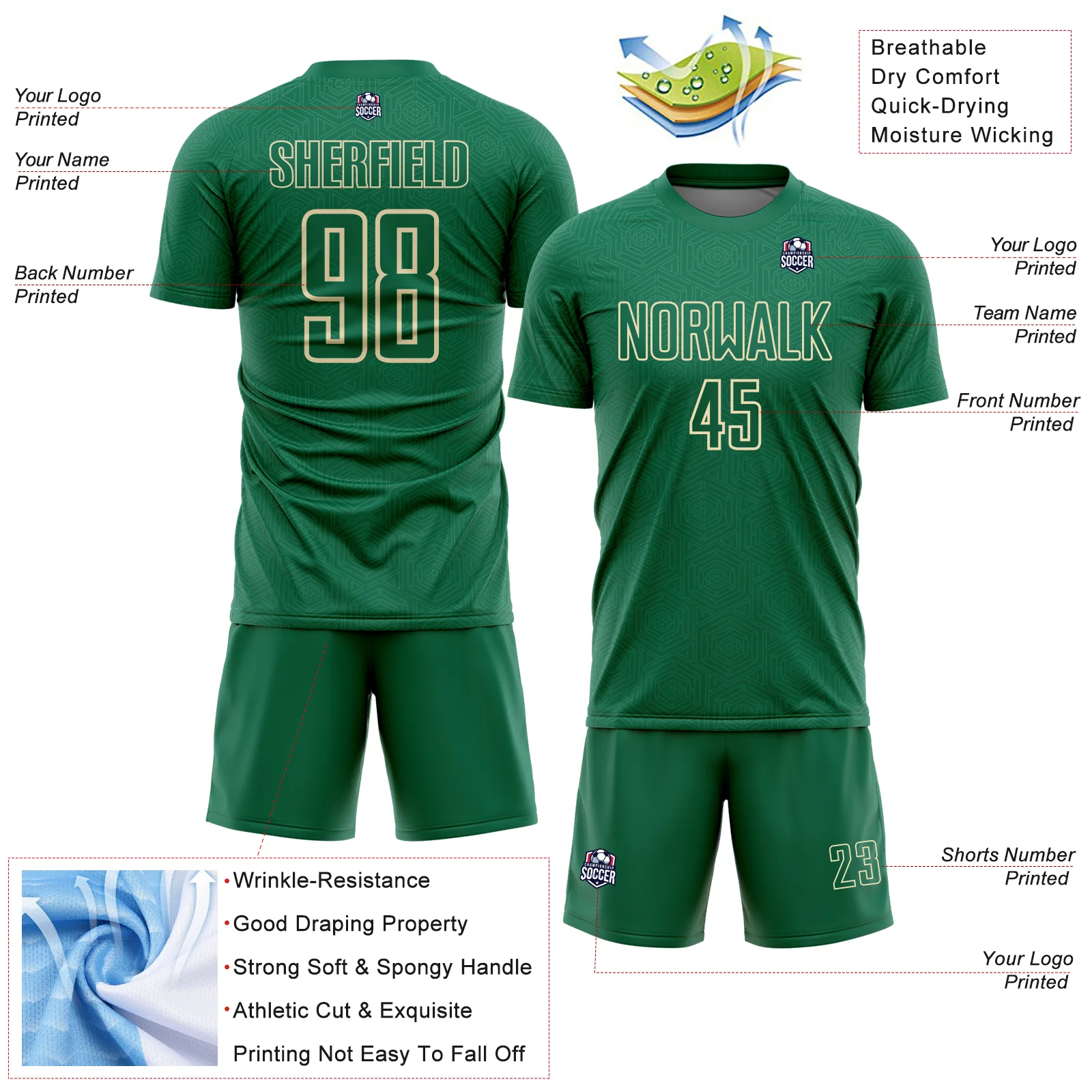 Custom Kelly Green Cream Geometric Shape Sports Sublimation Soccer Uniform Jersey - Image 4
