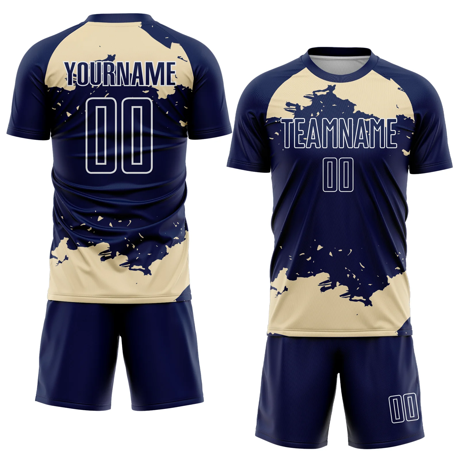 Custom Navy Cream-White Abstract Fragment Art Sublimation Soccer Uniform Jersey - Image 2