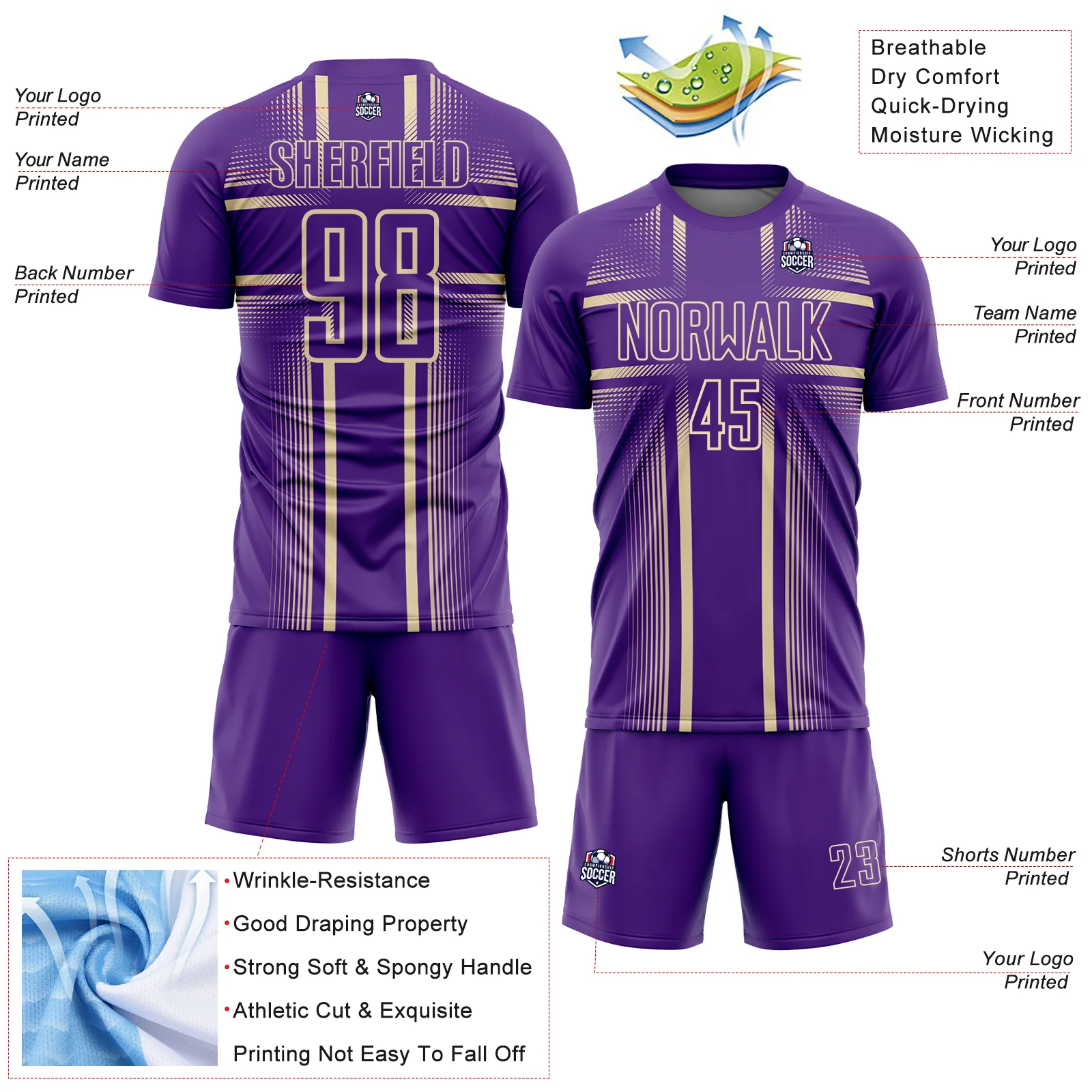 Custom Purple Cream Lines Sublimation Soccer Uniform Jersey - Image 4