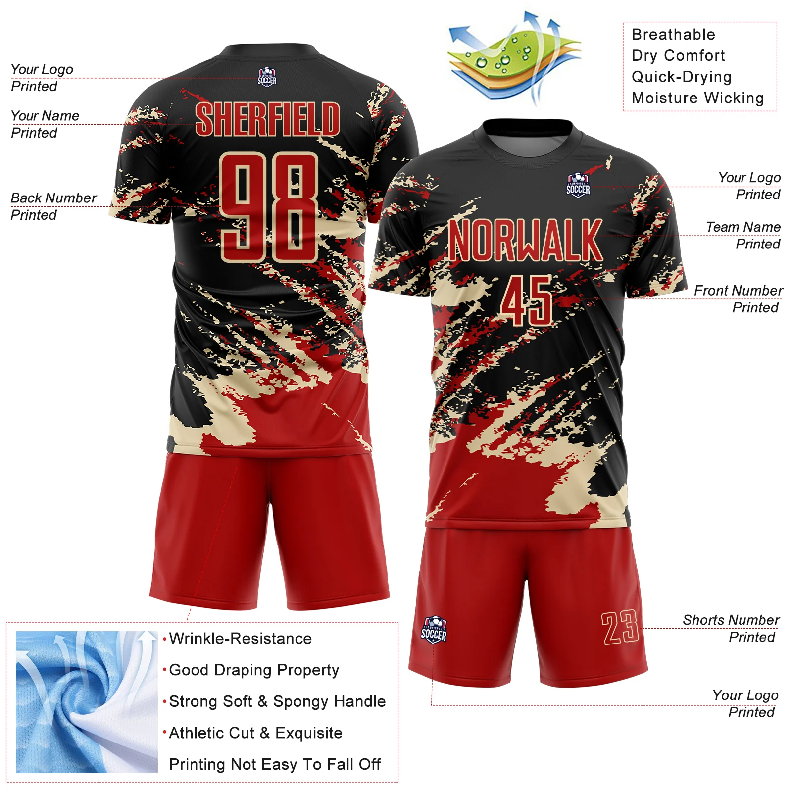 Custom Black Red-Cream Abstract Fragment Art Splash Sports Sublimation Soccer Uniform Jersey - Image 4