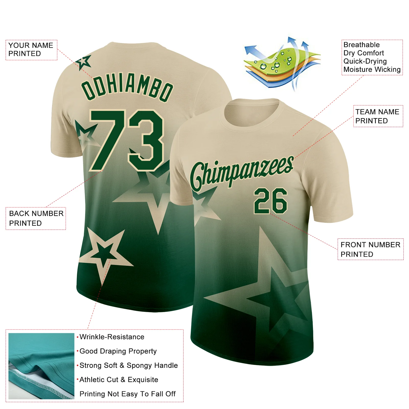 Custom Cream Green 3D Pattern Design Gradient Style Twinkle Star Performance T-Shirt - Image 2