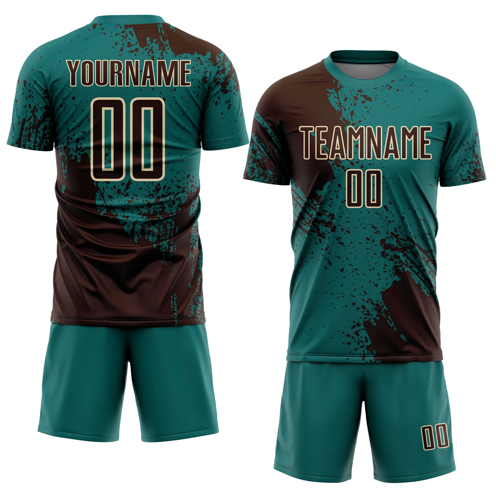 Custom Teal Brown-Cream Abstract Brush Stroke Sports Sublimation Soccer Uniform Jersey - Image 2
