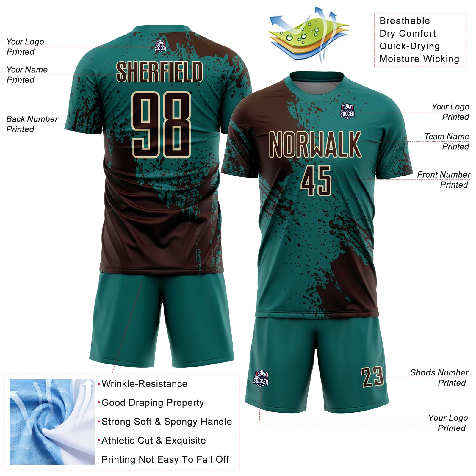 Custom Teal Brown-Cream Abstract Brush Stroke Sports Sublimation Soccer Uniform Jersey - Image 4