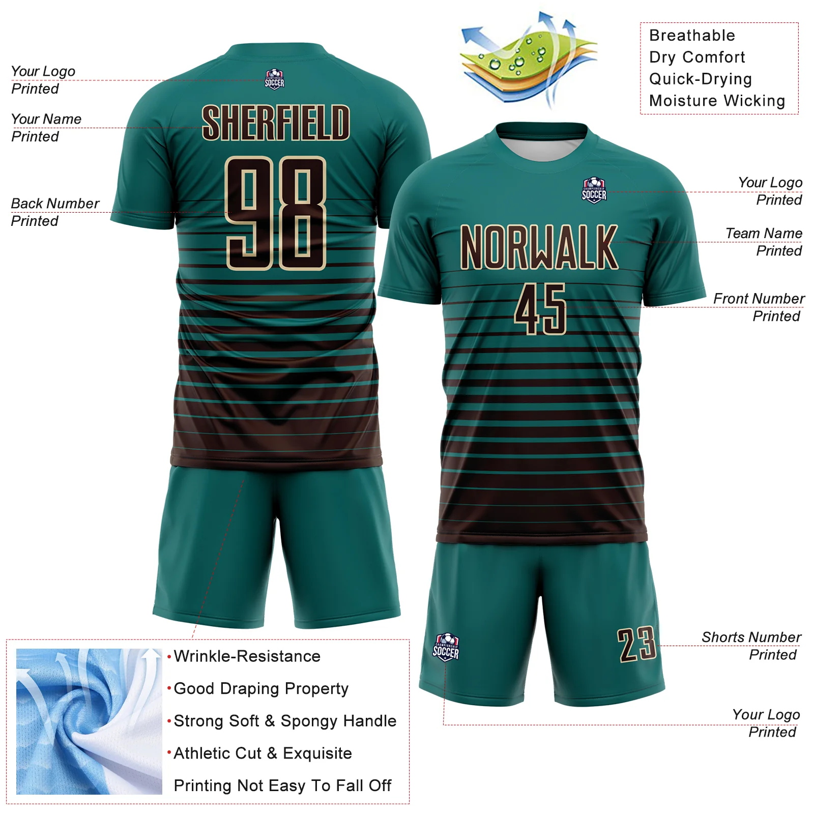Custom Teal Brown-Cream Gradient Pinstripe Sublimation Soccer Uniform Jersey - Image 4