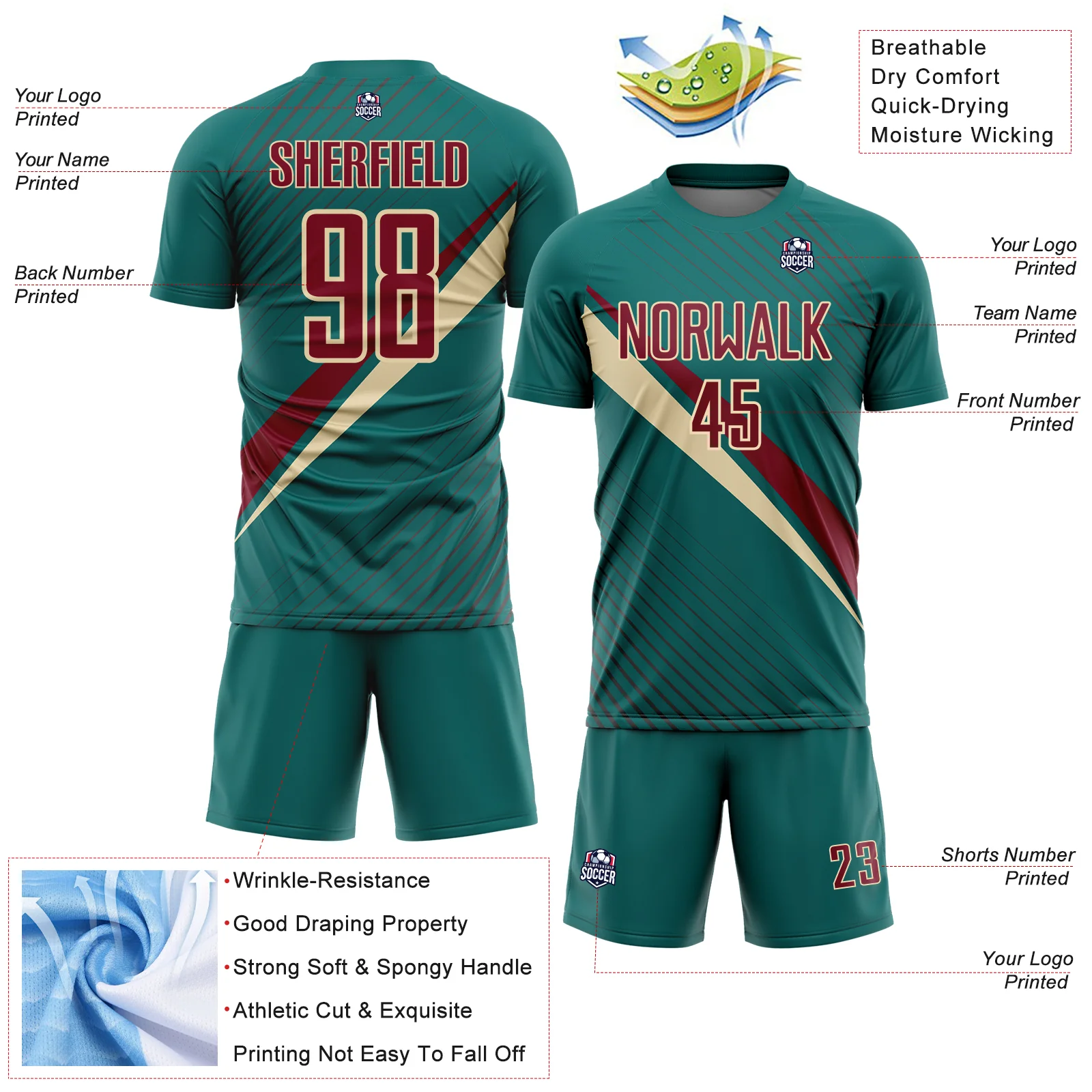 Custom Teal Crimson-Cream Diagonal Stripes Sports Sublimation Soccer Uniform Jersey - Image 4