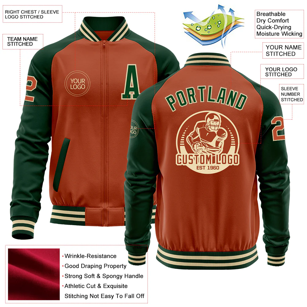 Custom Texas Orange Cream-Green Bomber Varsity Letterman Two Tone Zipper Jacket - Image 4