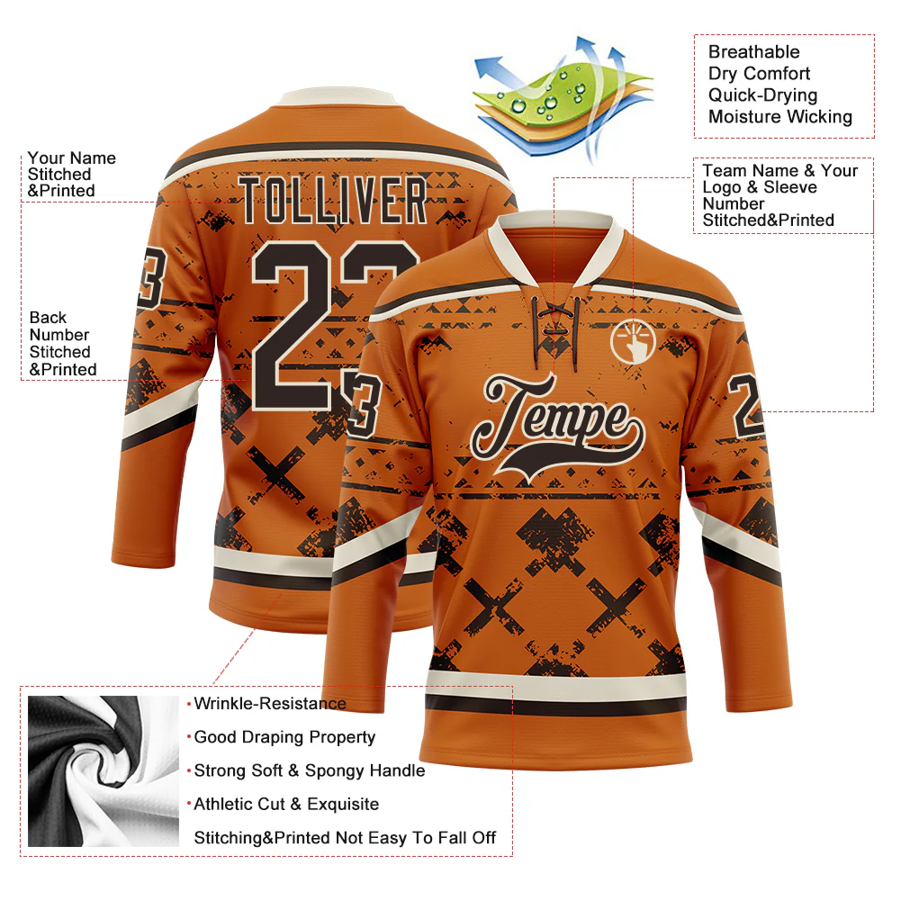 Custom Texas Orange Brown-Cream Tribal Indigenous Grunge Splash Hockey Lace Neck Jersey - Image 5